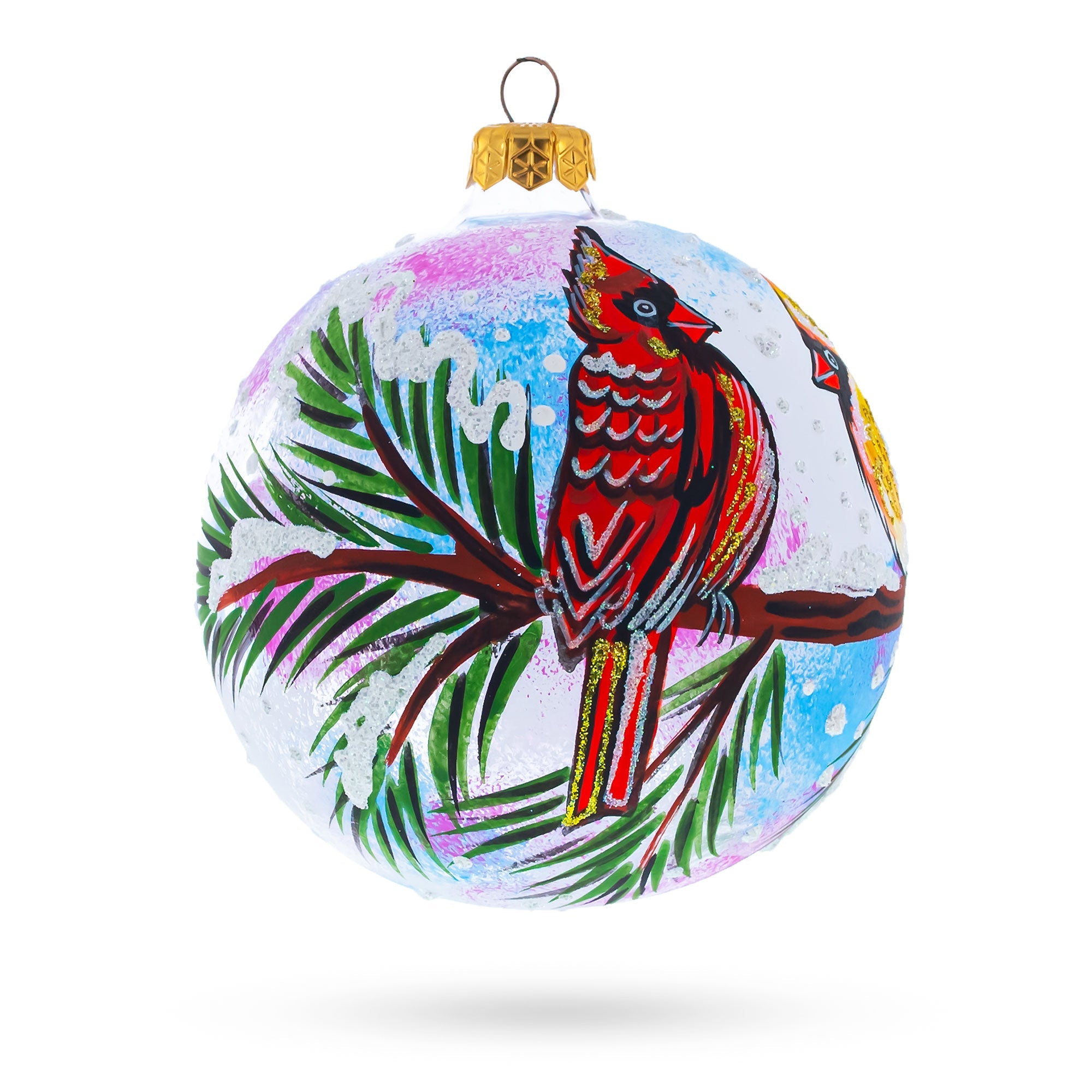 Cardinal Pair on Pine Branch Glass Ball Christmas Ornament 4 Inches