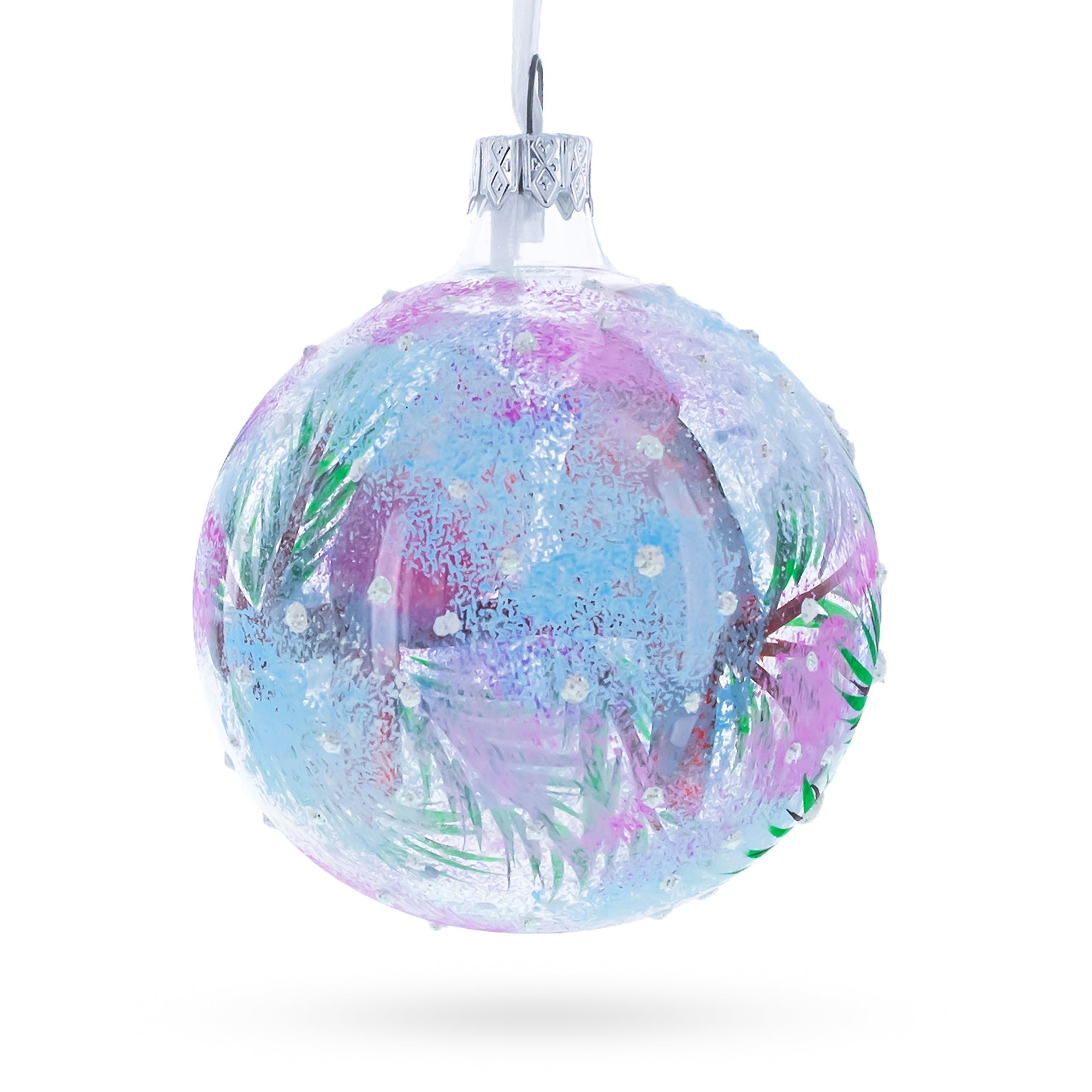 Two Cardinals in Snowy Scenery Glass Ball Christmas Ornament 3.25 Inches