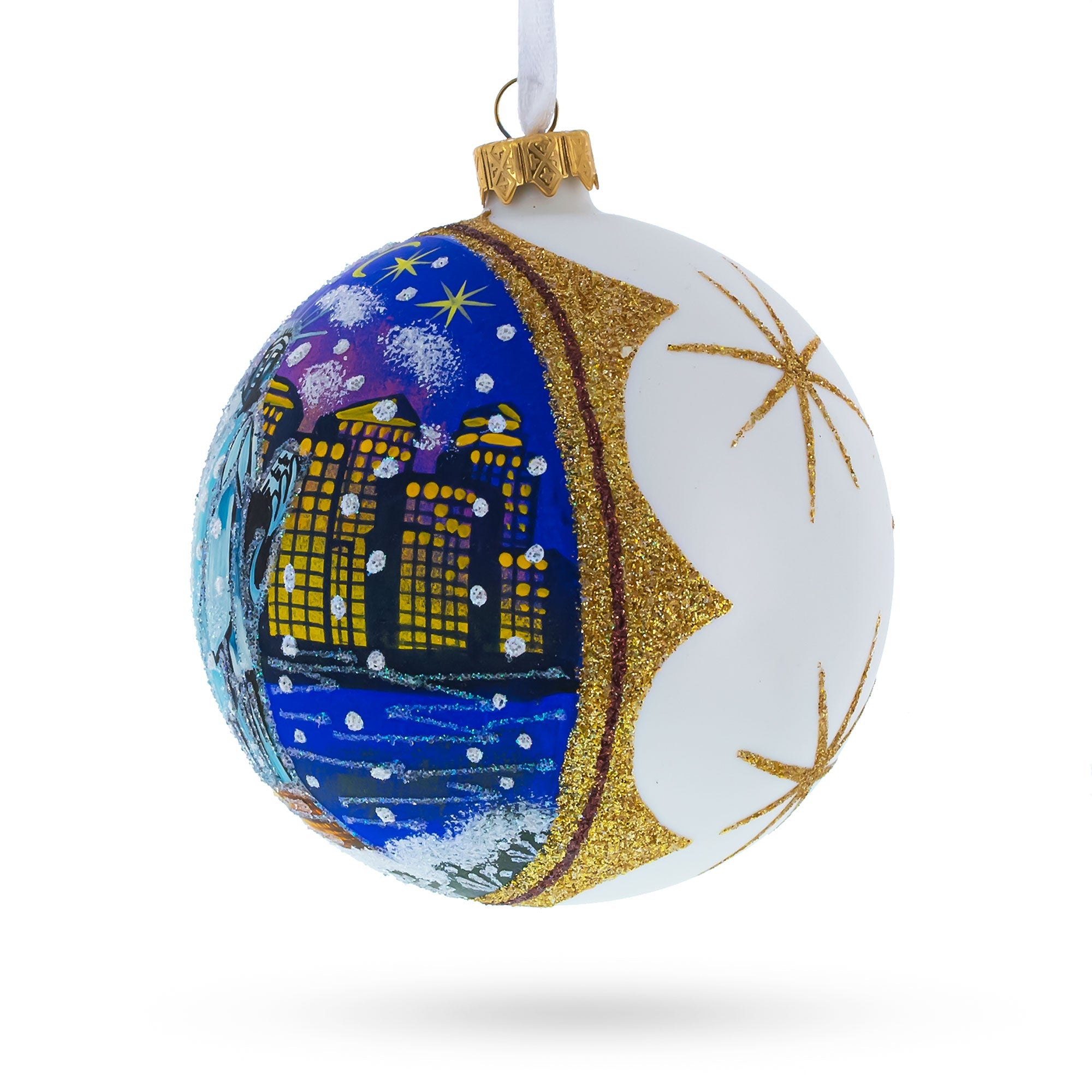 Statue of Liberty at Night, New York Glass Ball Christmas Ornament 4 Inches