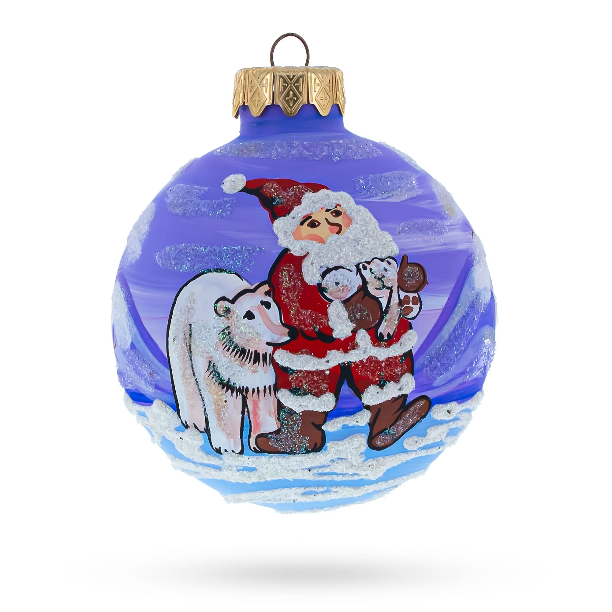 Santa and Polar Bear Festive Glass Ball Christmas Ornament 3.25 Inches