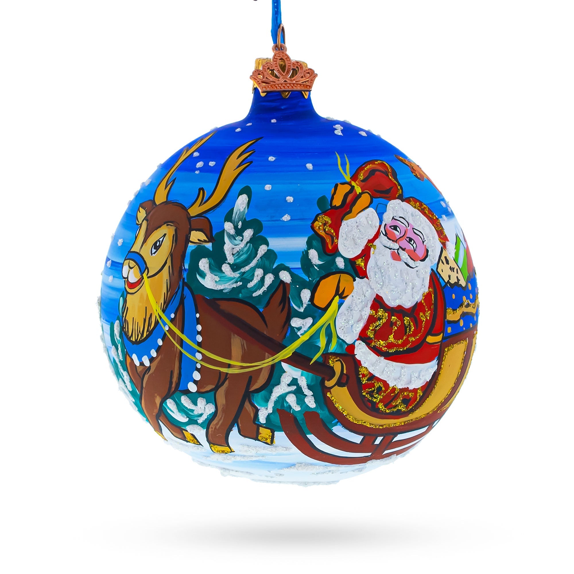 Santa in Sleigh with Reindeer Glass Ball Christmas Ornament 4 Inches