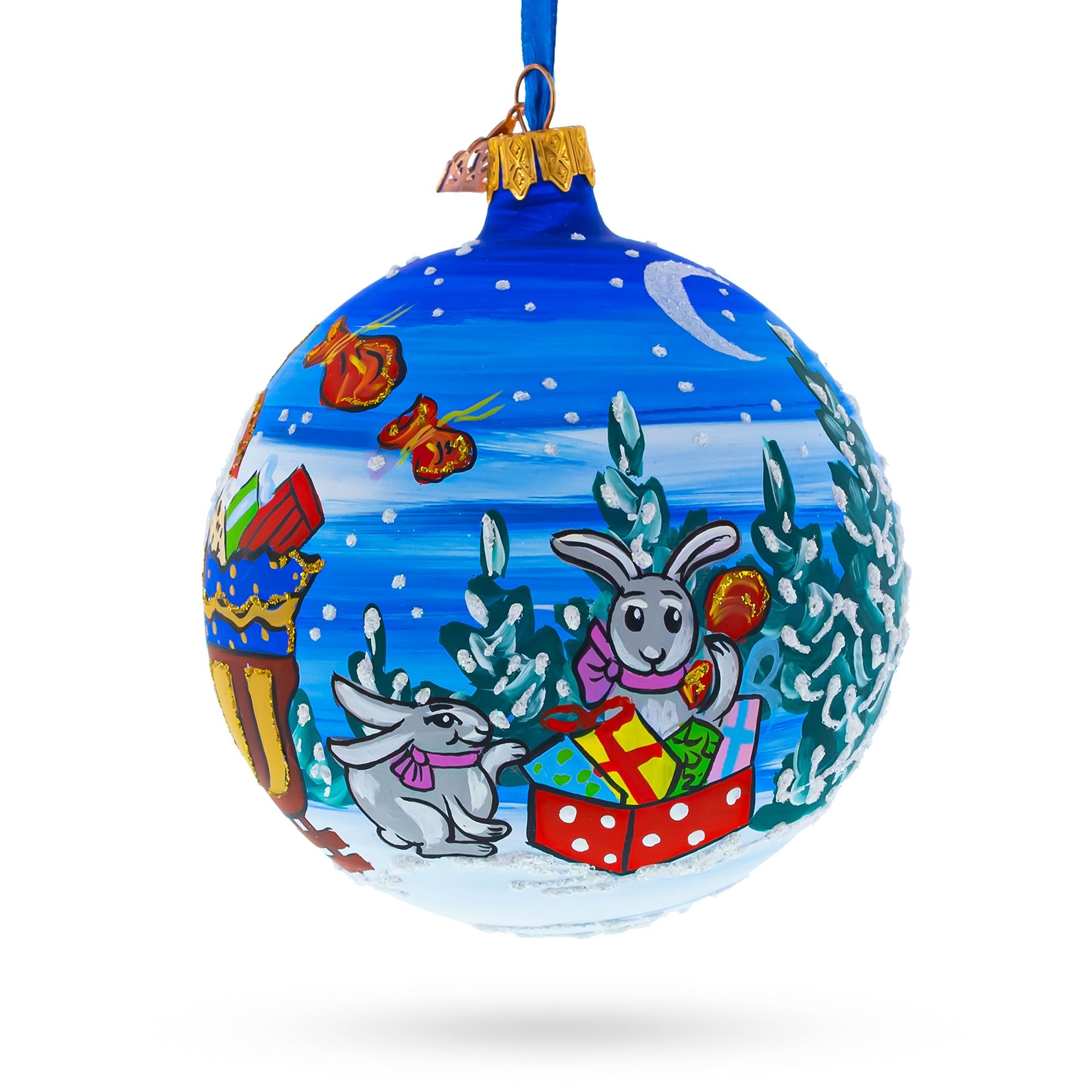Santa in Sleigh with Reindeer Glass Ball Christmas Ornament 4 Inches
