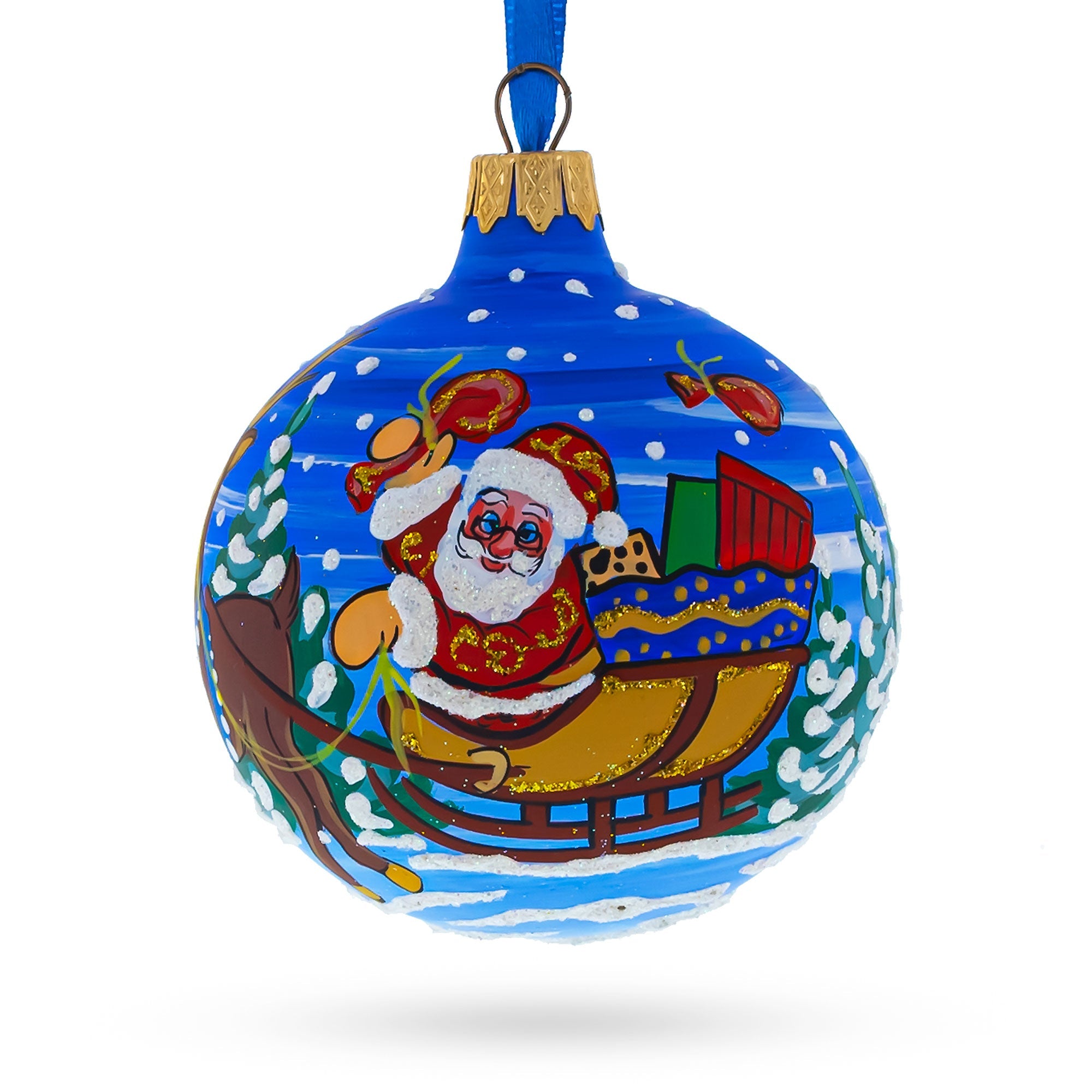 Santa in the Woods Glass Ball Christmas Ornament 3.25 Inches