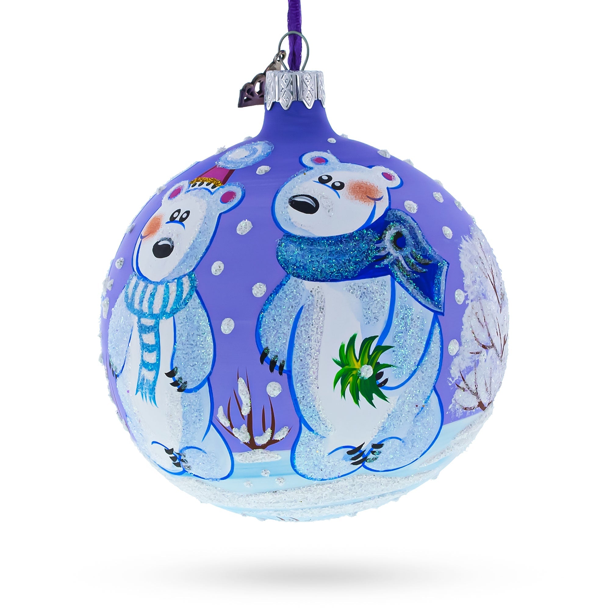 Three Polar Bears Glass Ball Christmas Ornament 4 Inches