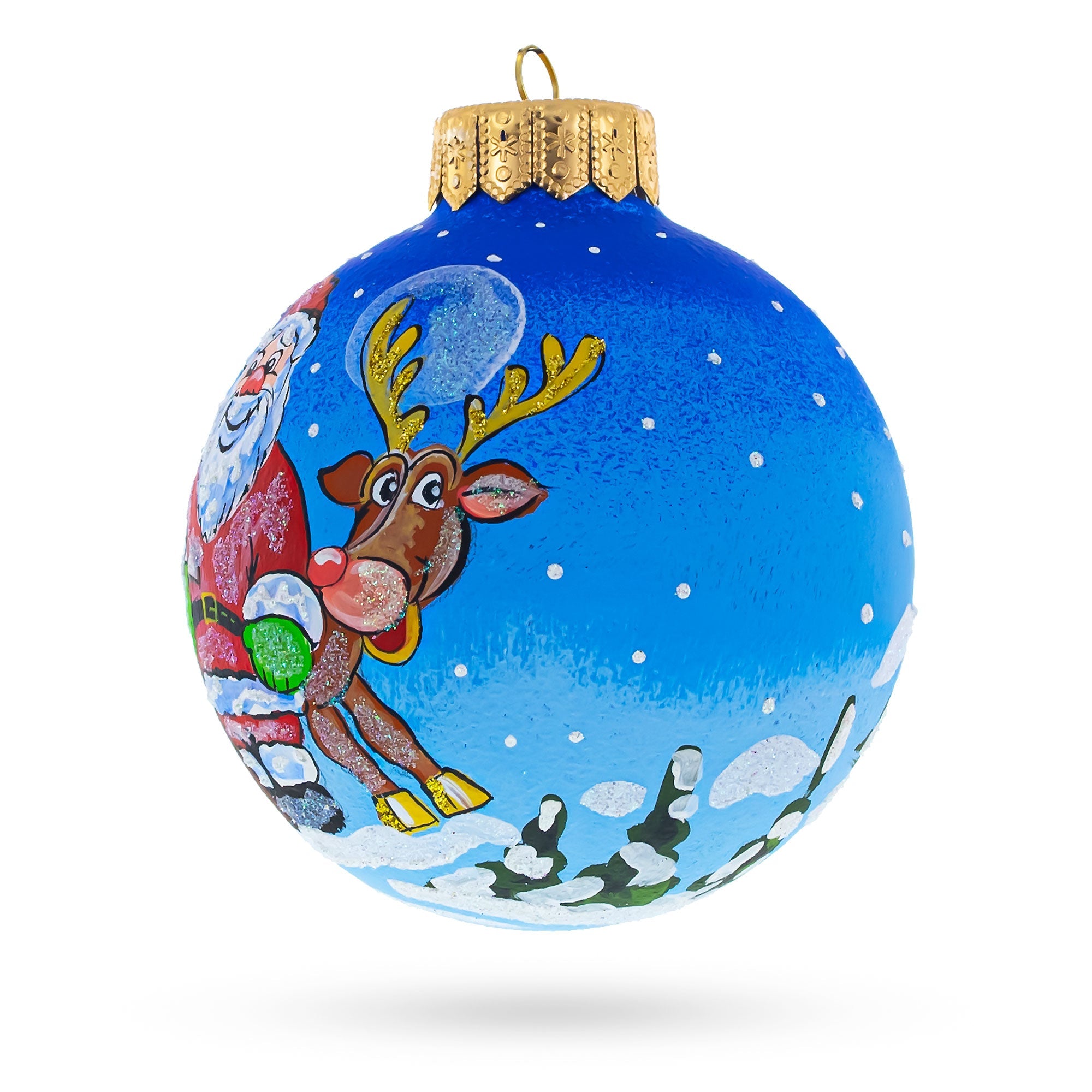 Santa and Reindeer Festive Glass Ball Christmas Ornament 4 Inches