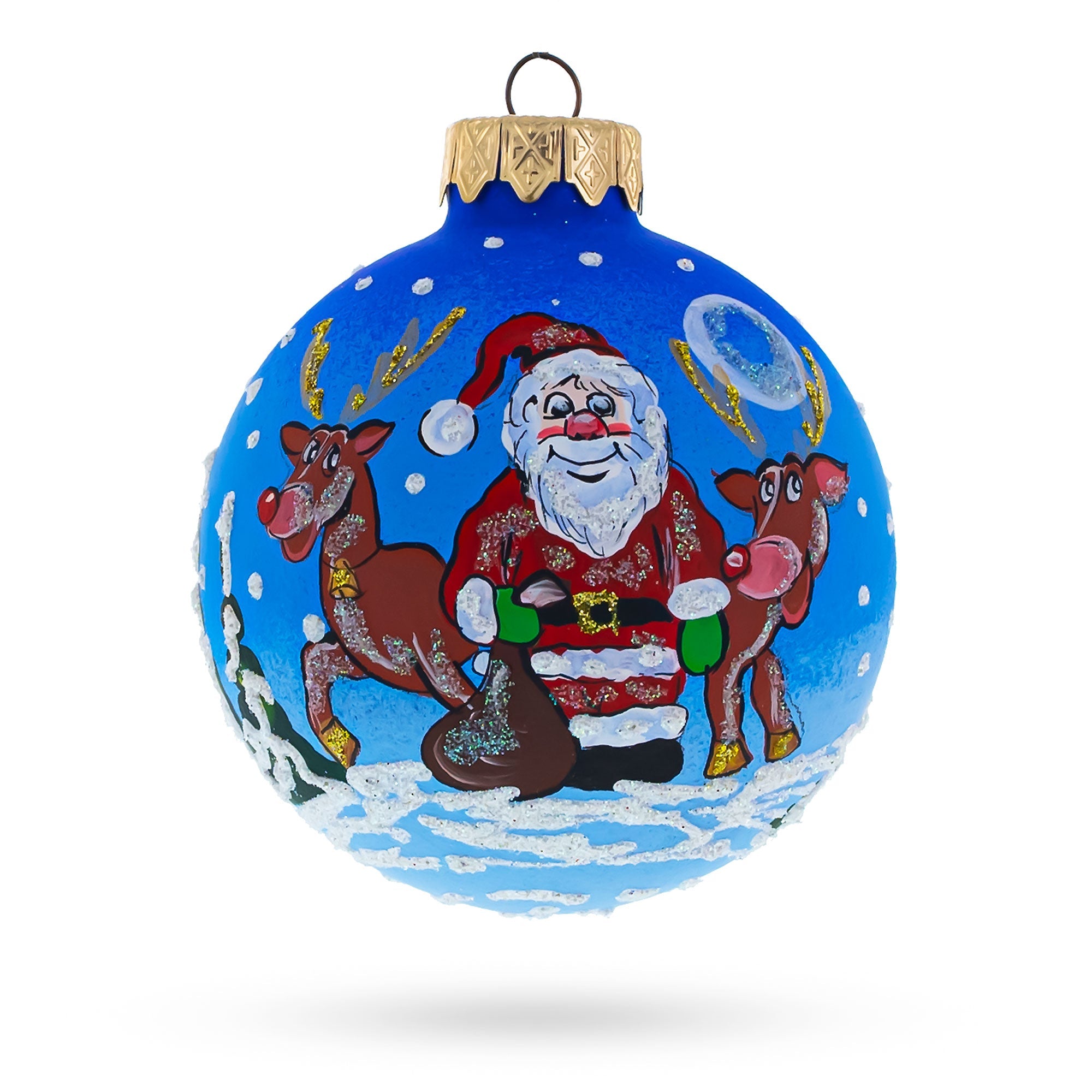 Santa and Reindeer Festive Glass Ball Christmas Ornament 3.25 Inches