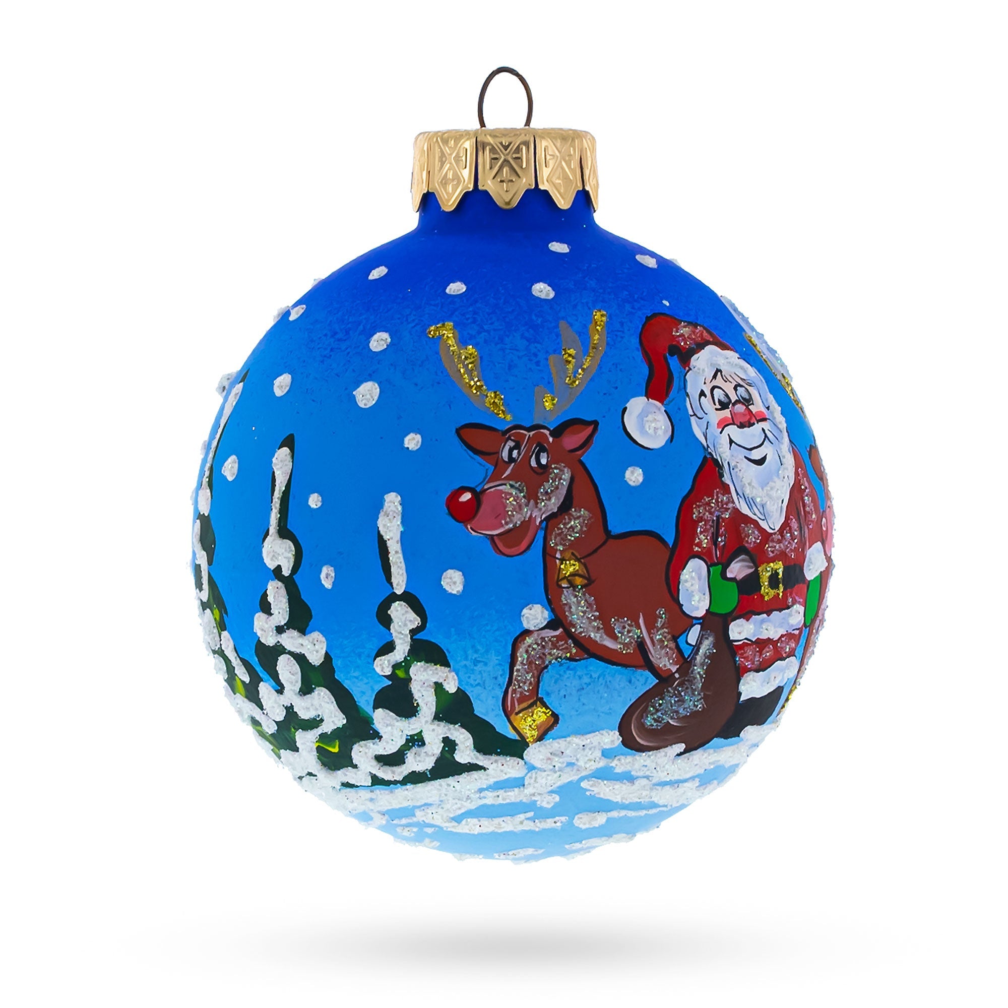 Santa and Reindeer Festive Glass Ball Christmas Ornament 3.25 Inches