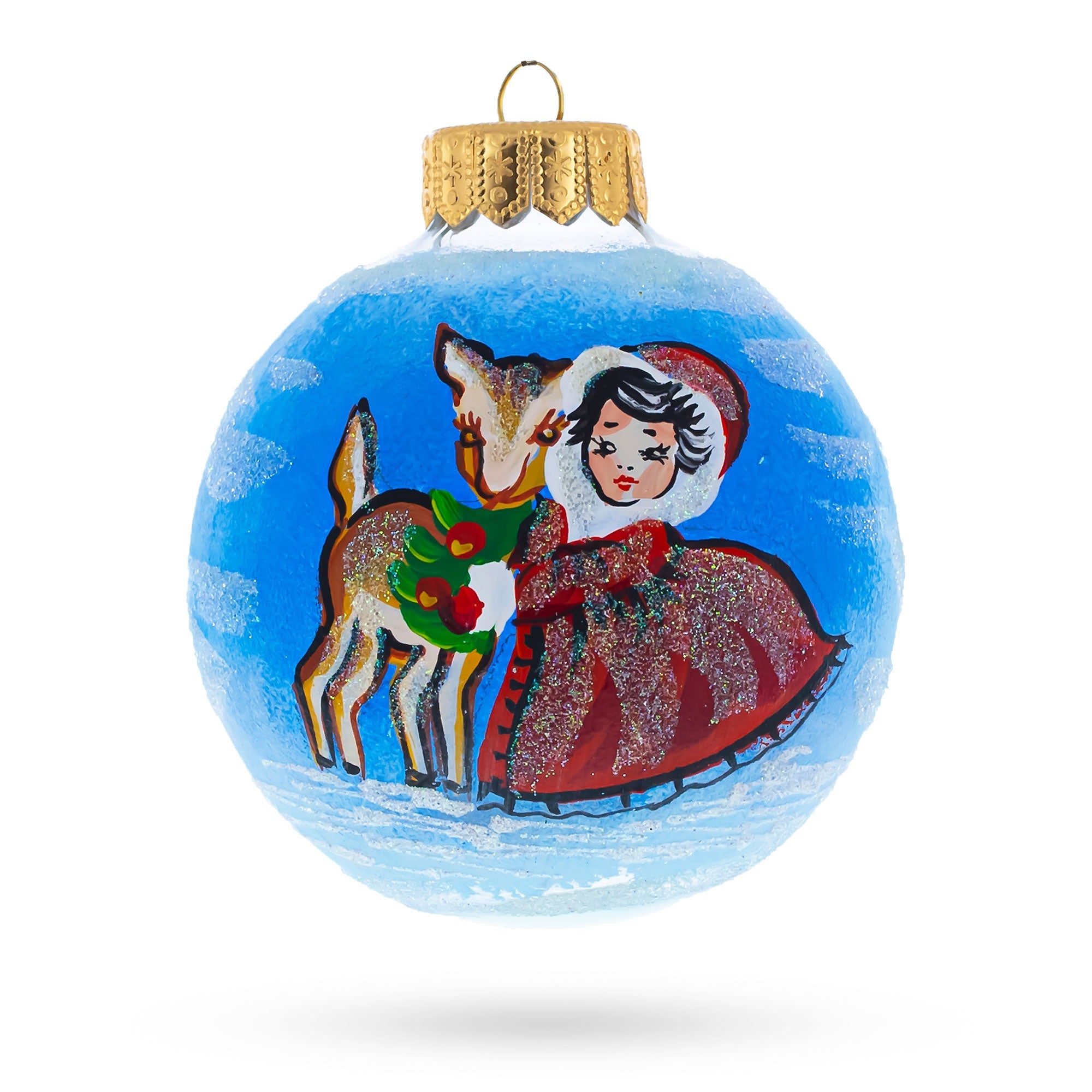 Little Red Hood with the Deer Glass Ball Christmas Ornament 4 Inches