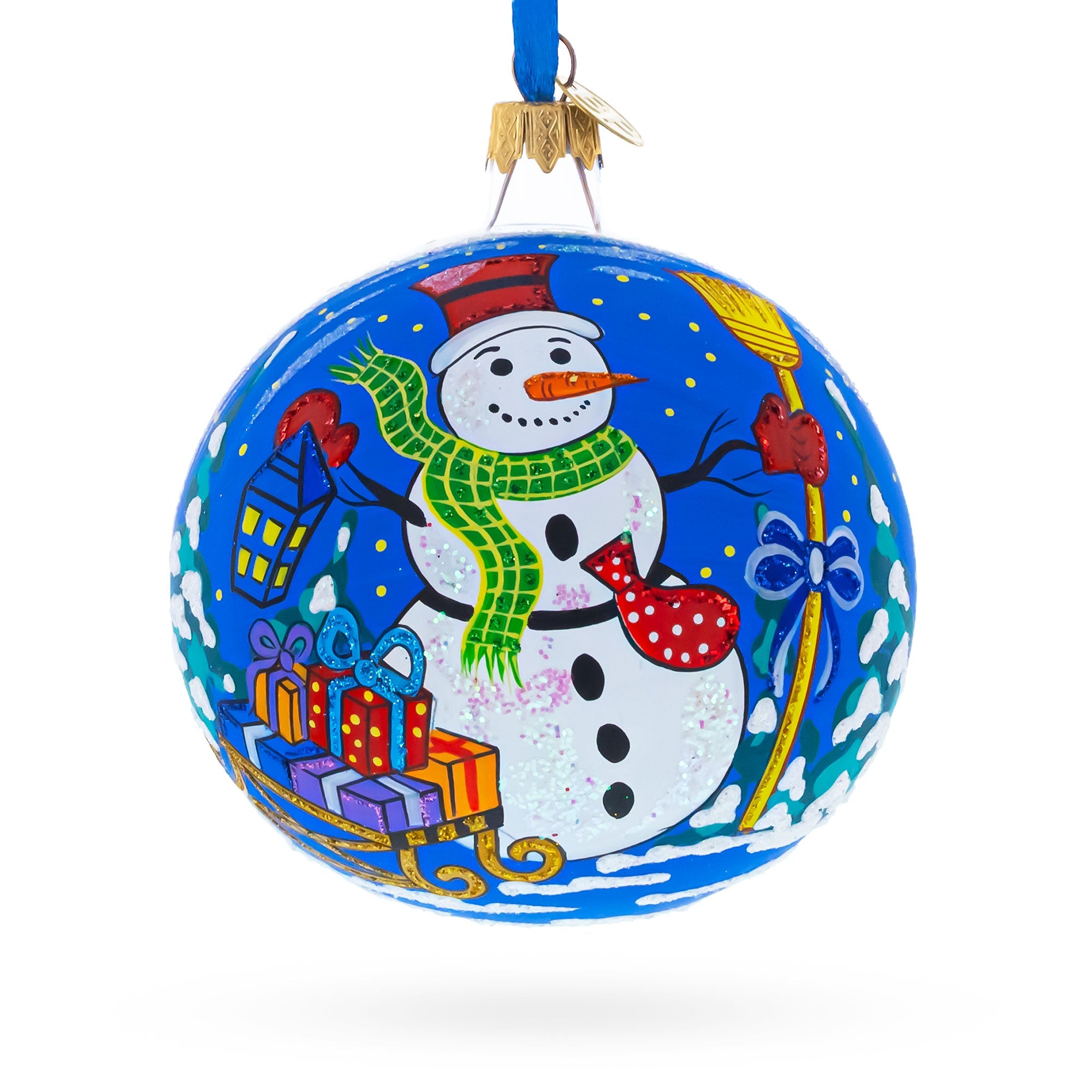 Festive Snowman with Gifts Glass Ball Christmas Ornament 4 Inches