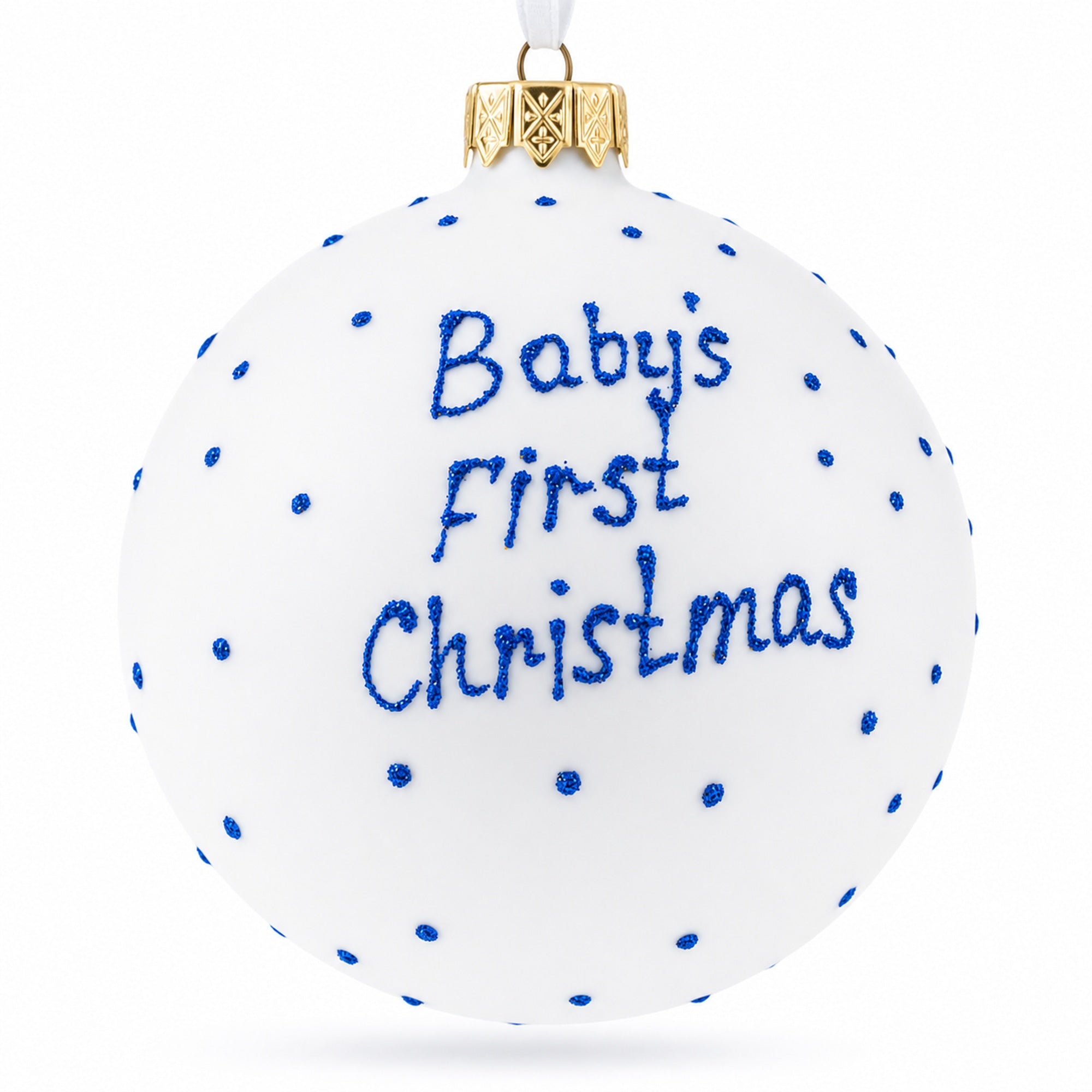 Boy Opening Gift Glass Ball Baby's First Christmas Ornament 4 Inches