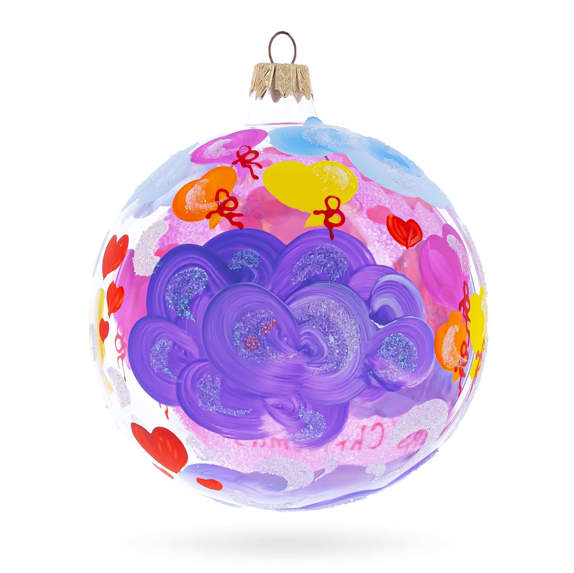 Sleeping Baby Girl on Clouds Pink Ball with Hearts Glass Ball Christmas Ornament 4 Inches
