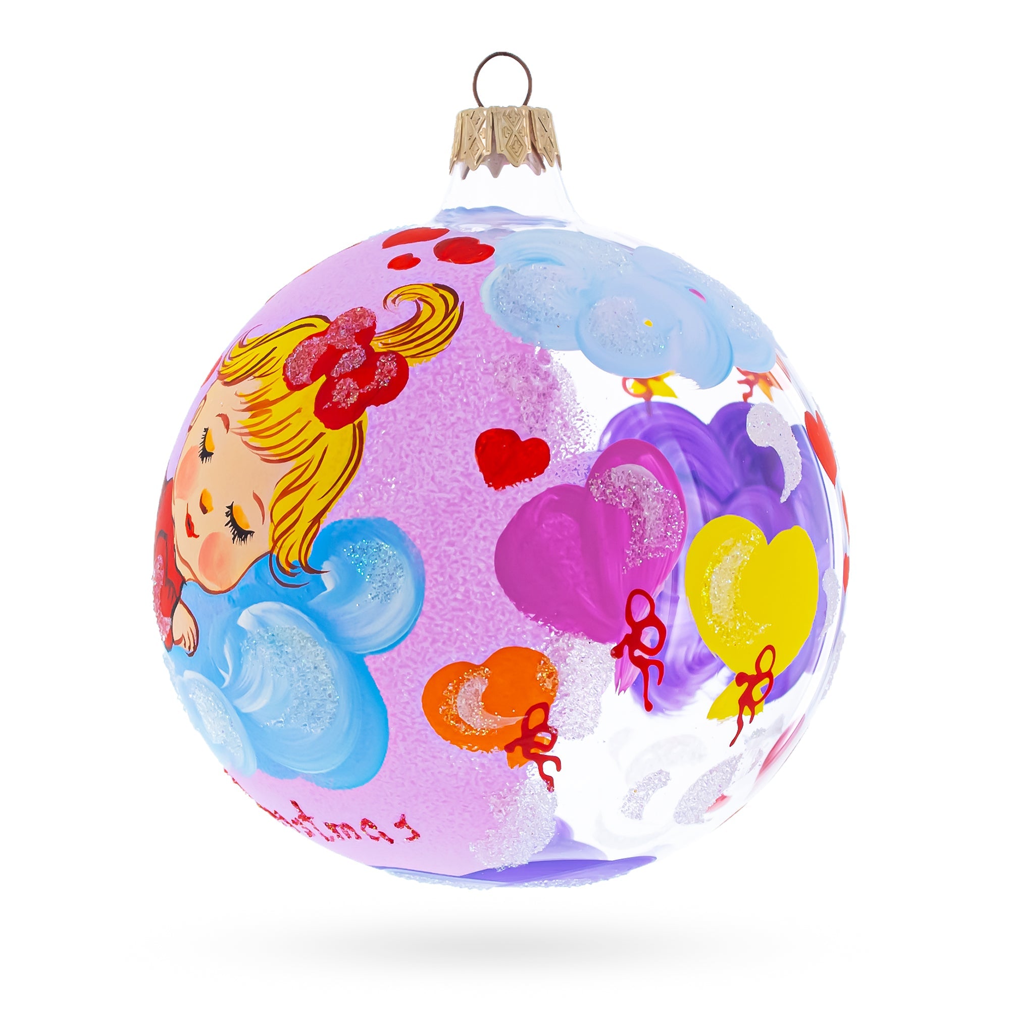 Sleeping Baby Girl on Clouds Pink Ball with Hearts Glass Ball Christmas Ornament 4 Inches