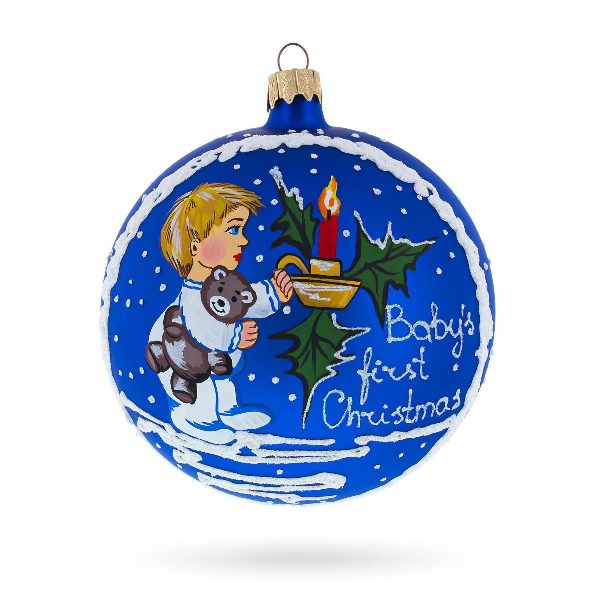 Boy Cuddling Teddy Bear Glass Ball Baby's First Christmas Ornament 4 Inches
