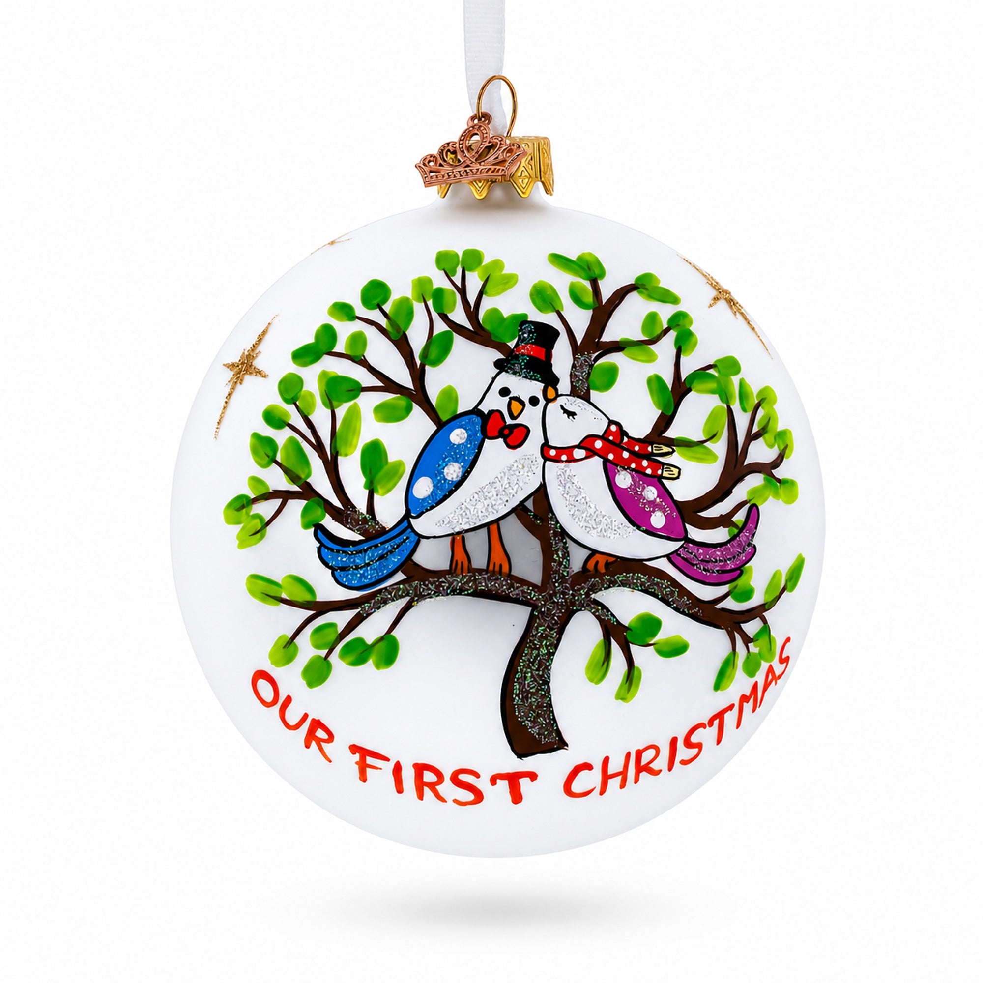 Our First Christmas Love Birds Glass Ball Christmas Ornament 4 Inches