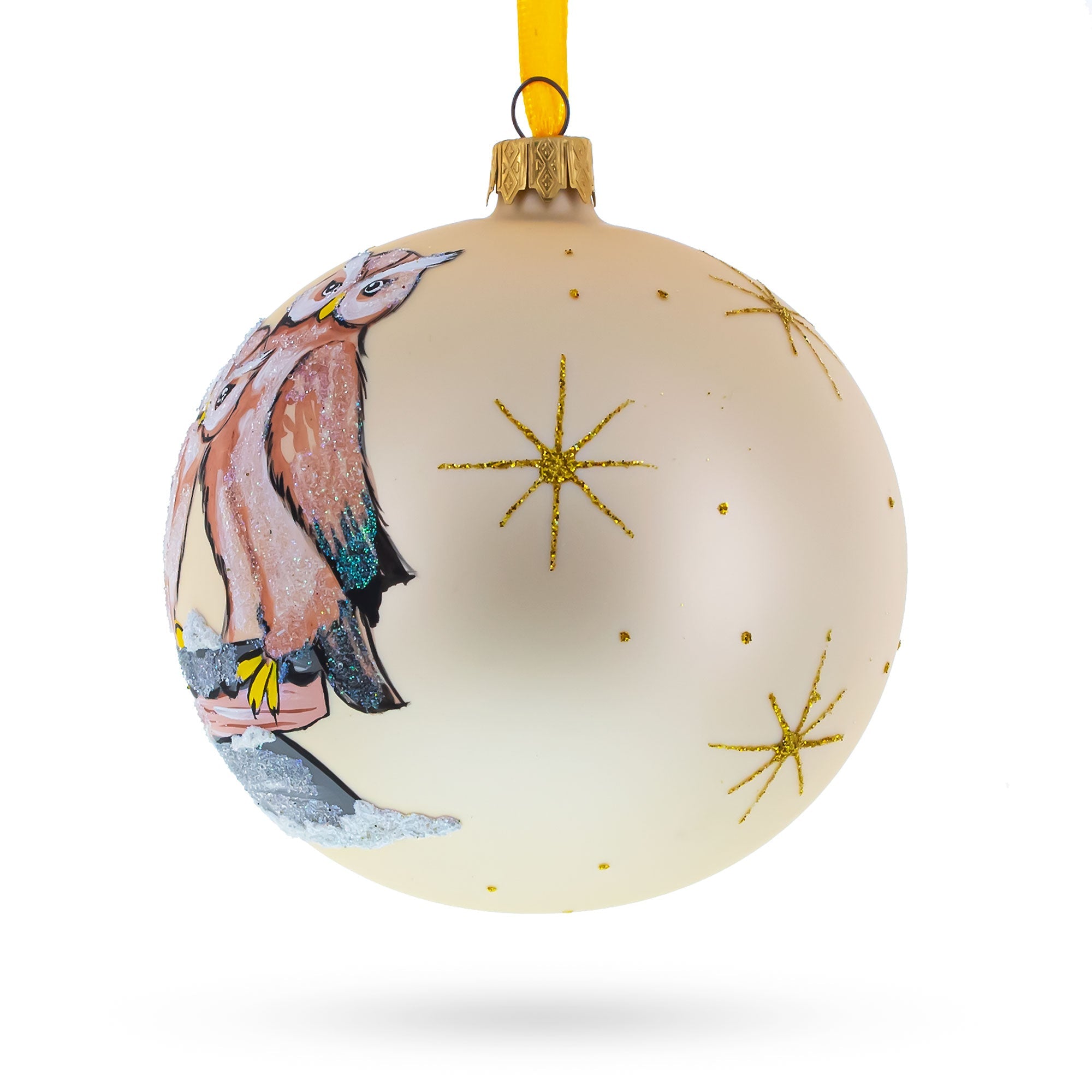 Two Owls Perched in Moonlight Glass Ball Christmas Ornament 4 Inches
