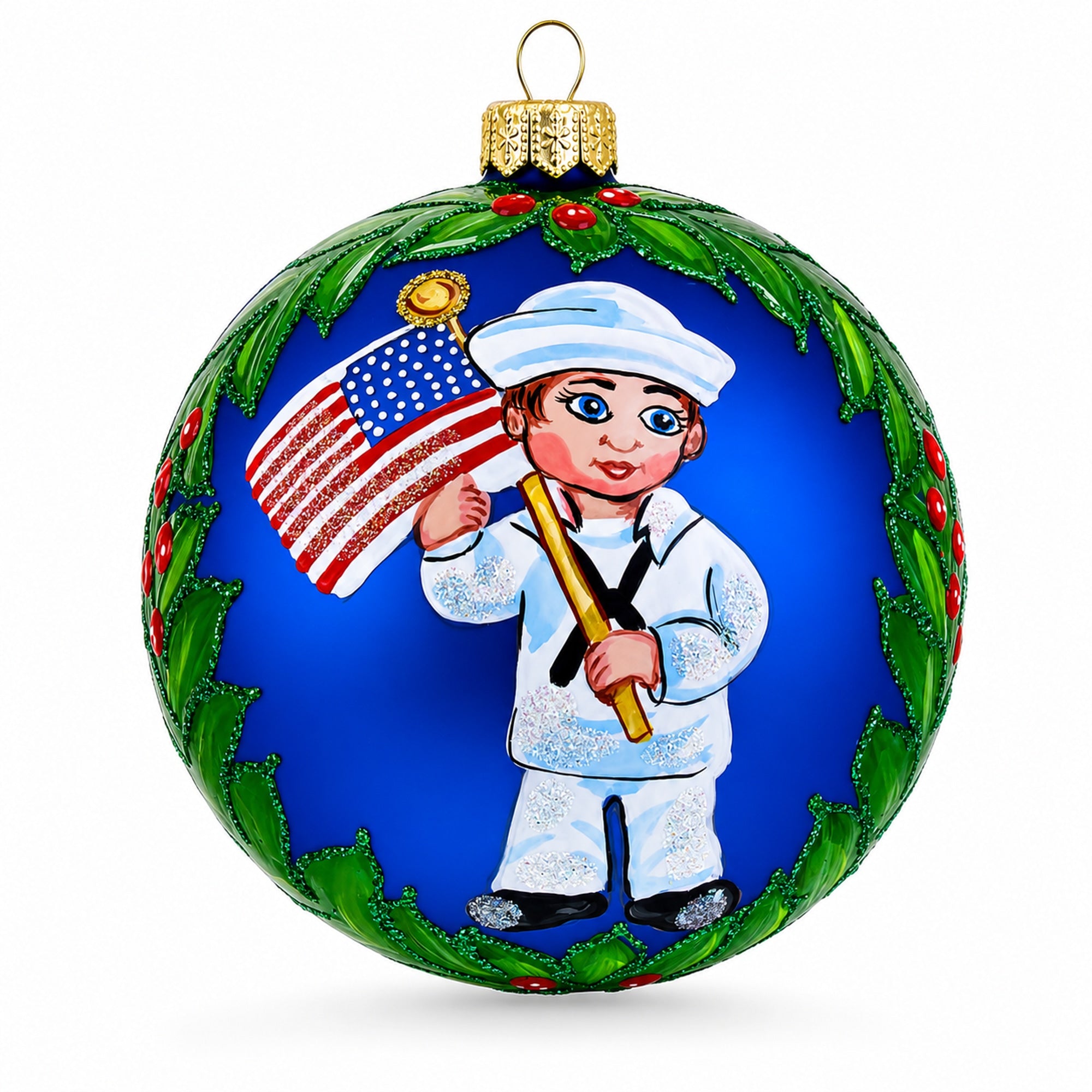 Navy Sailor Boy Holding American Flag Blue Ball Glass Christmas Ornament 4 Inches