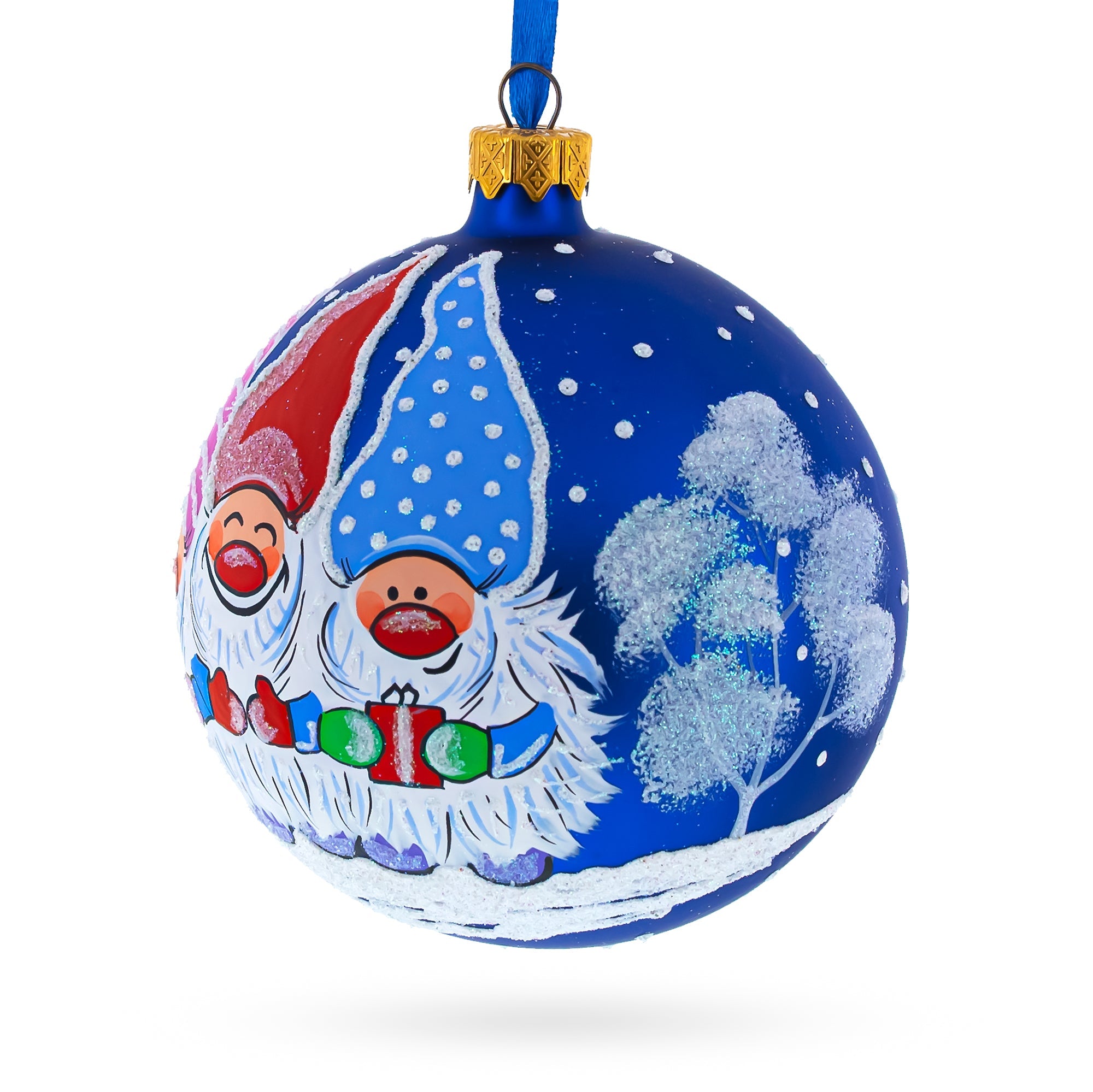 Joyful Trio of Gnomes Glass Ball Christmas Ornament 4 Inches