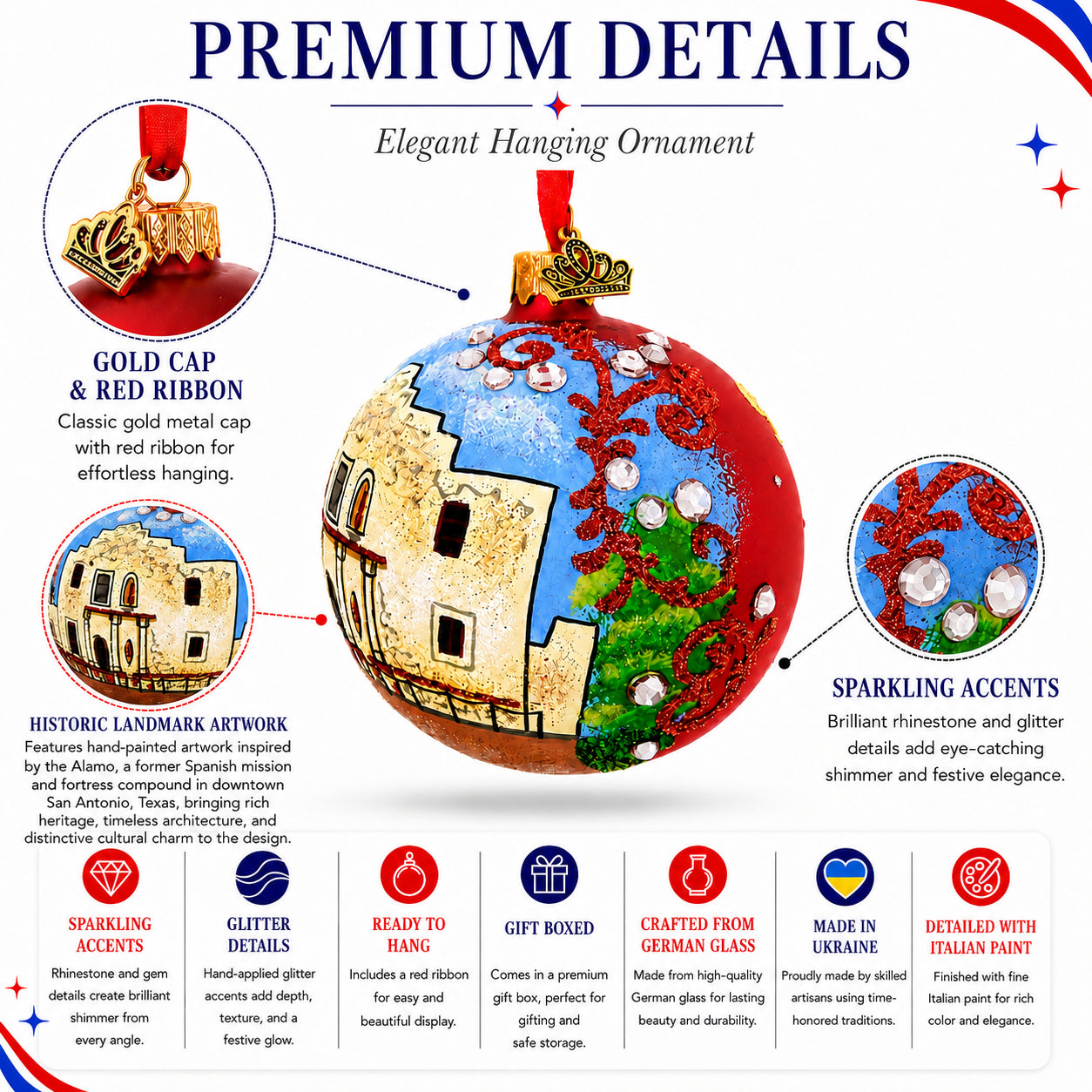 The Alamo, San Antonio, Texas Glass Ball Christmas Ornament 3.25 Inches