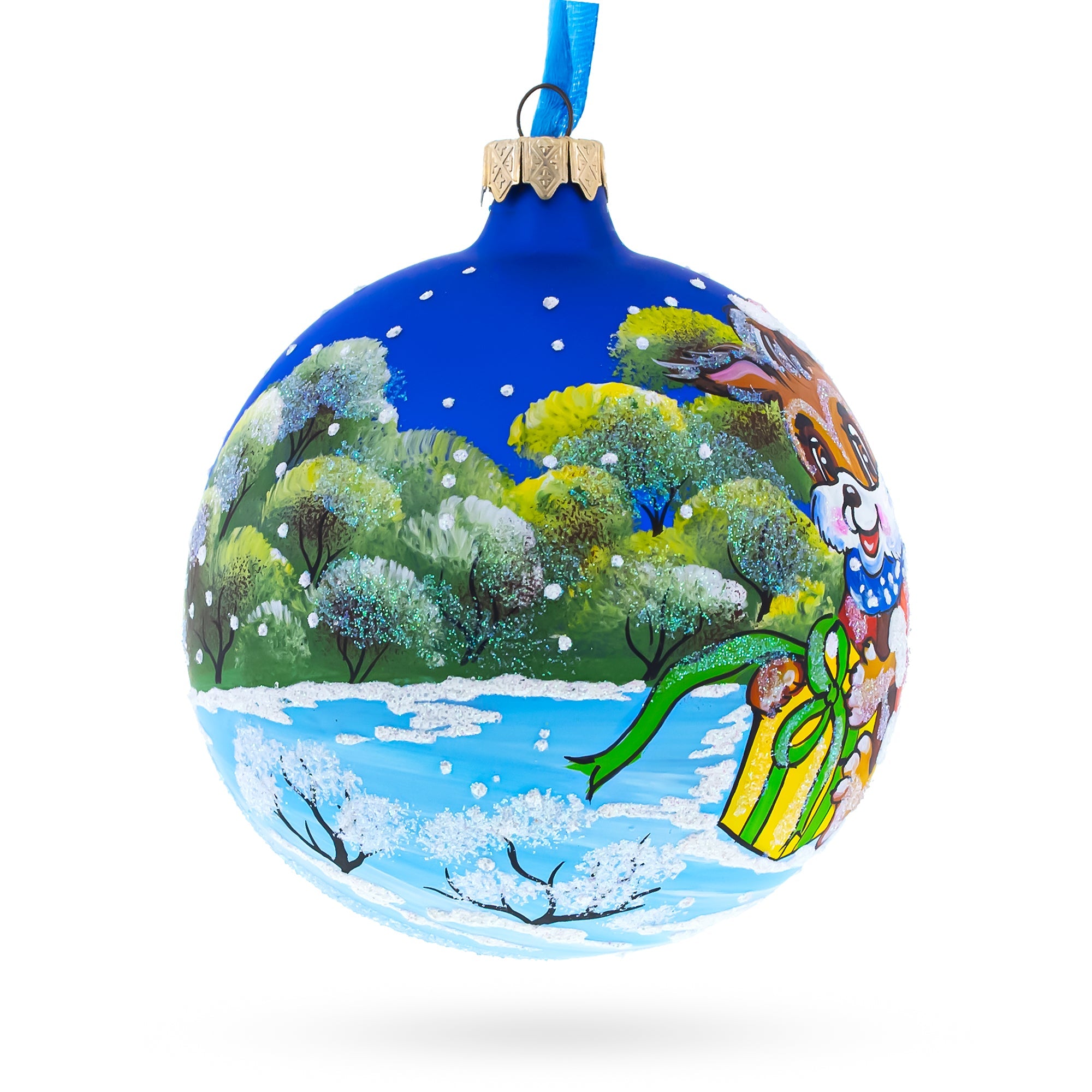 Puppy Unwrapping a Surprise Glass Ball Christmas Ornament 4 Inches