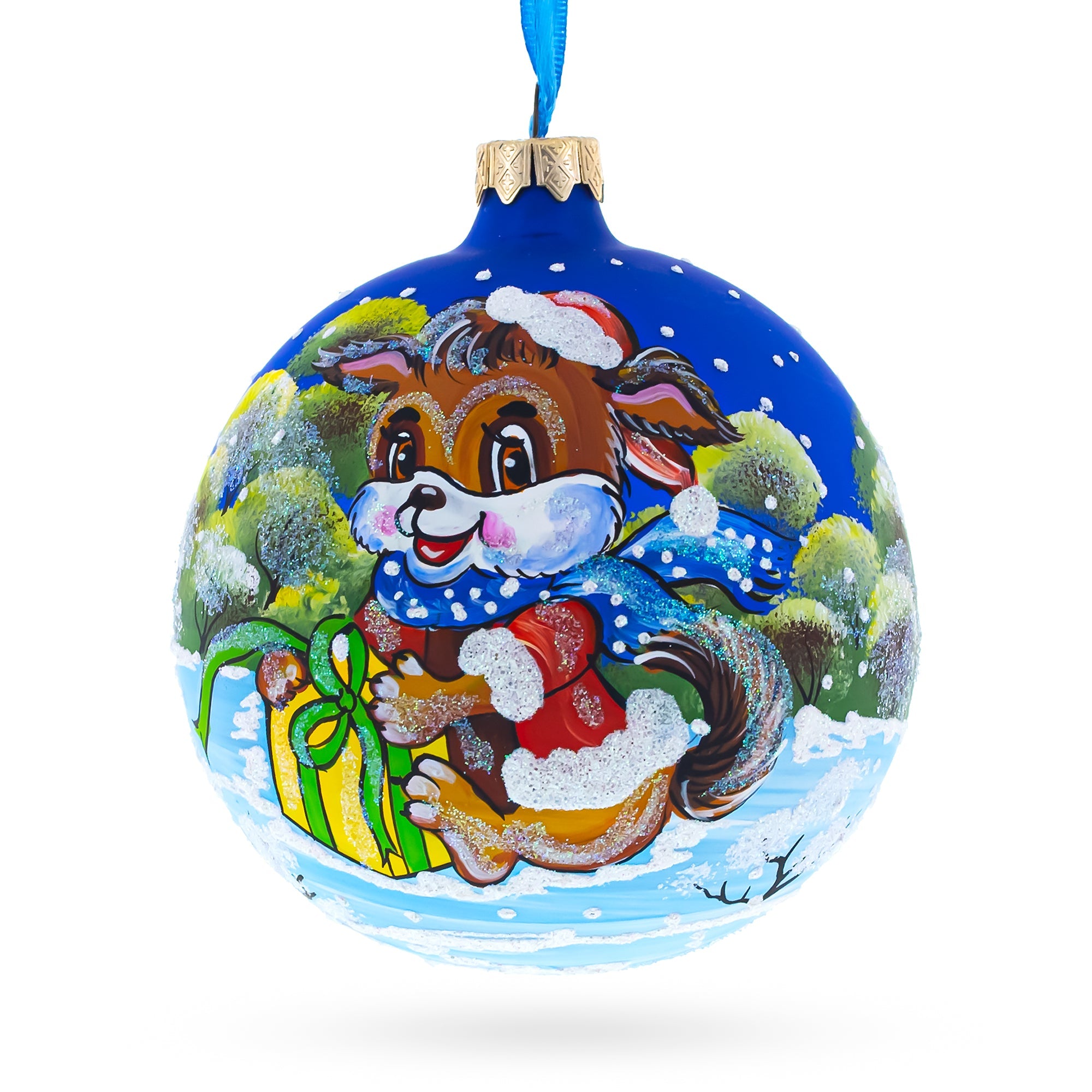 Puppy Unwrapping a Surprise Glass Ball Christmas Ornament 4 Inches
