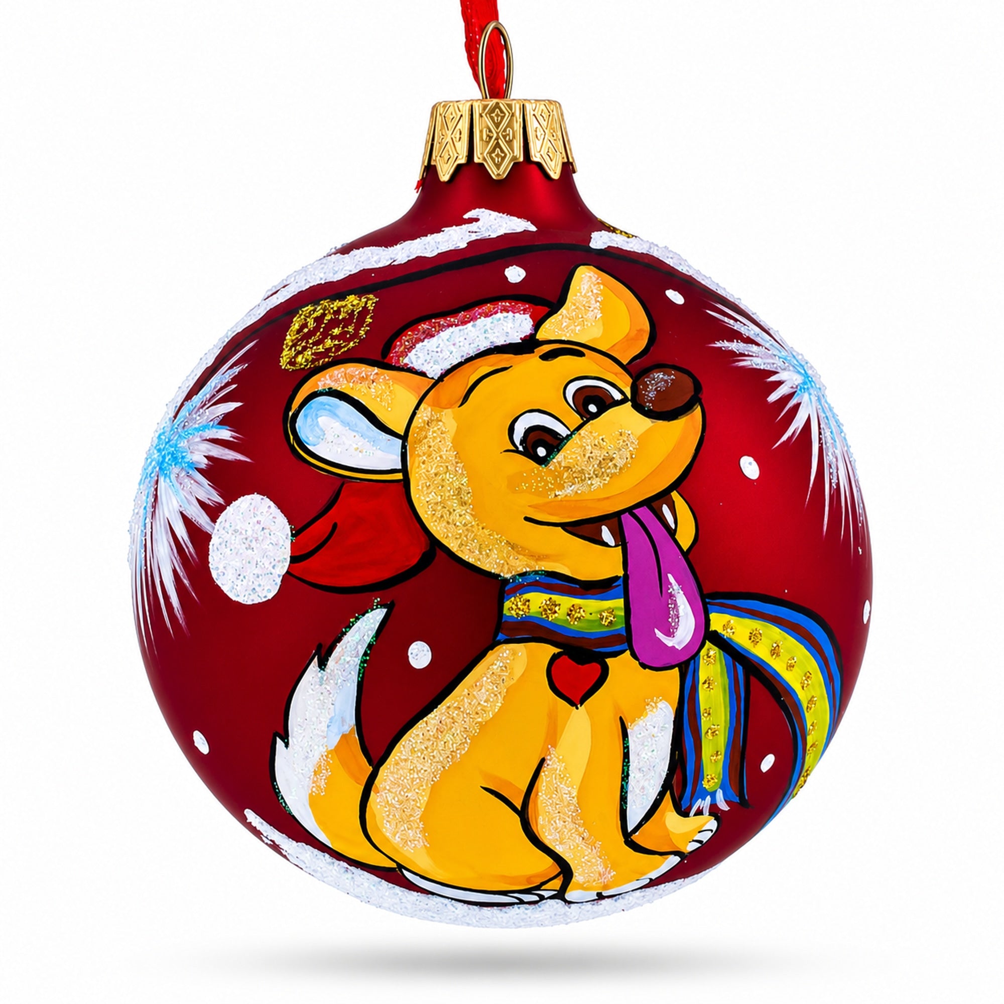 Jolly Puppy in Santa Hat Glass Ball Christmas Ornament 3.25 Inches