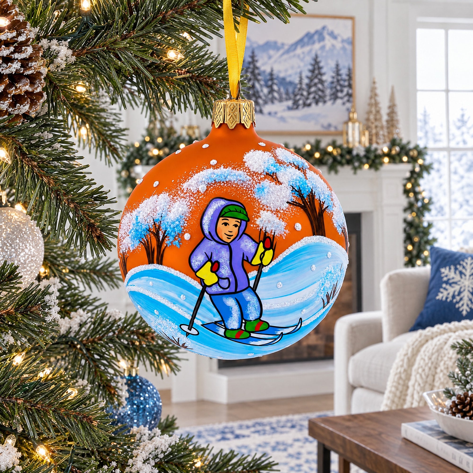 Boy Skiing Glass Ball Christmas Ornament 3.25 Inches