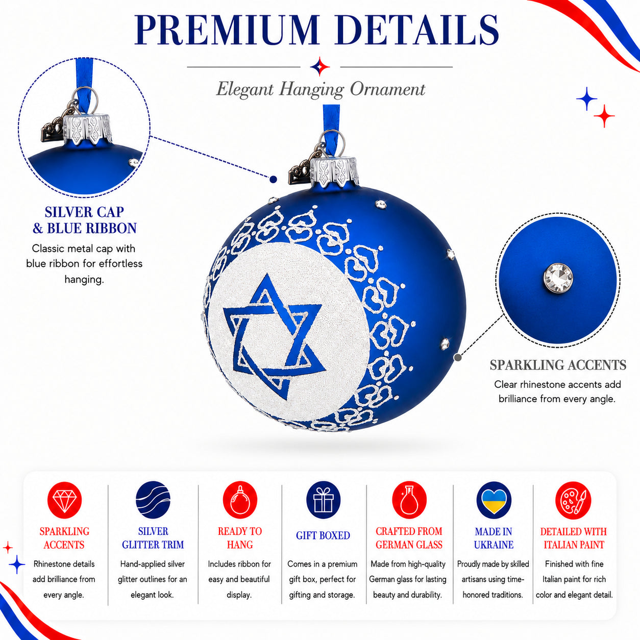 Star of David Jewish Glass Ball Ornament 3.25 Inches