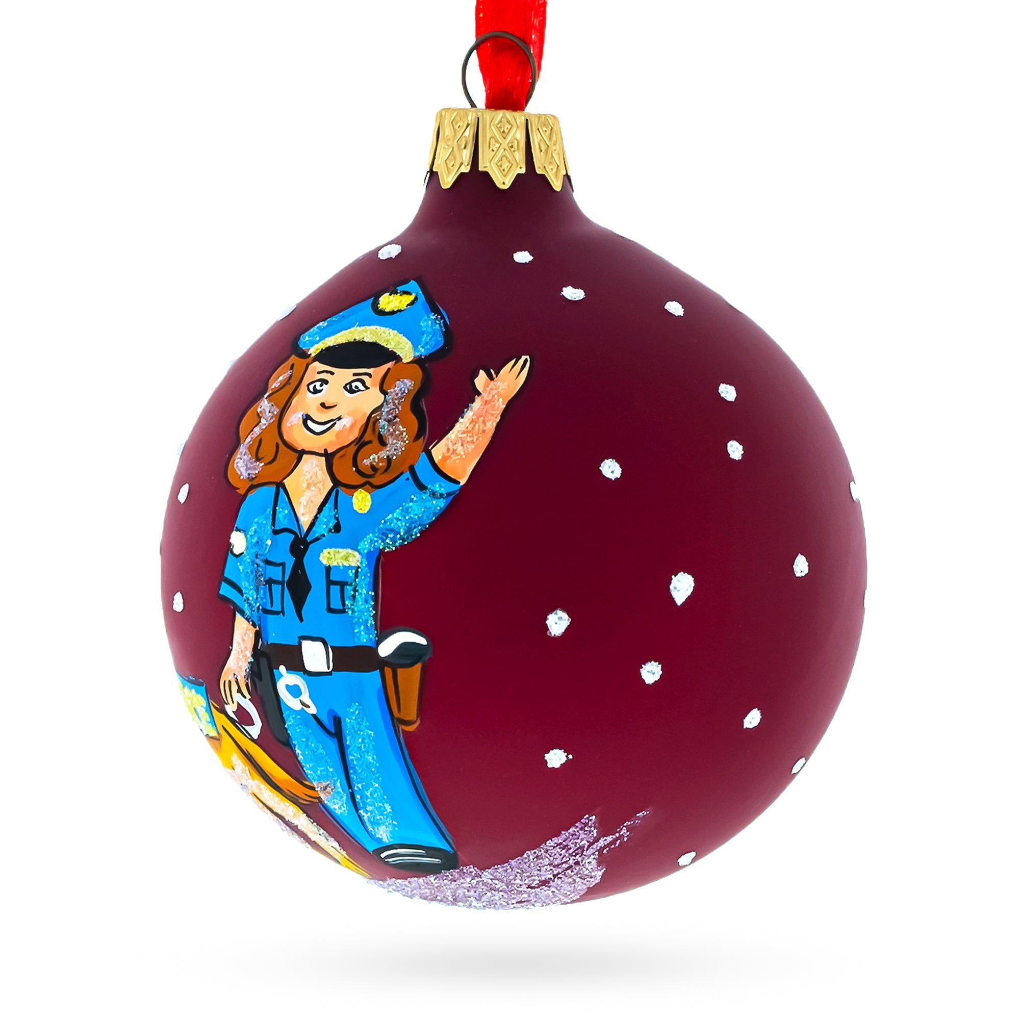 K-9 Police Officer with Dog Glass Ball Christmas Ornament 3.25 Inches