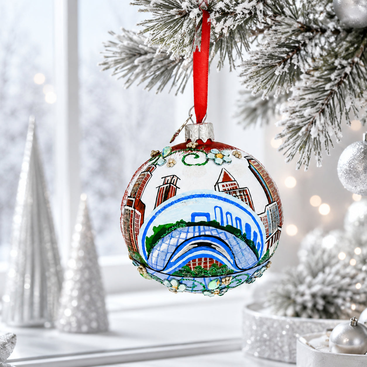 Chicago Cityscape Reflections Glass Ball Christmas Ornament 3.25 Inches