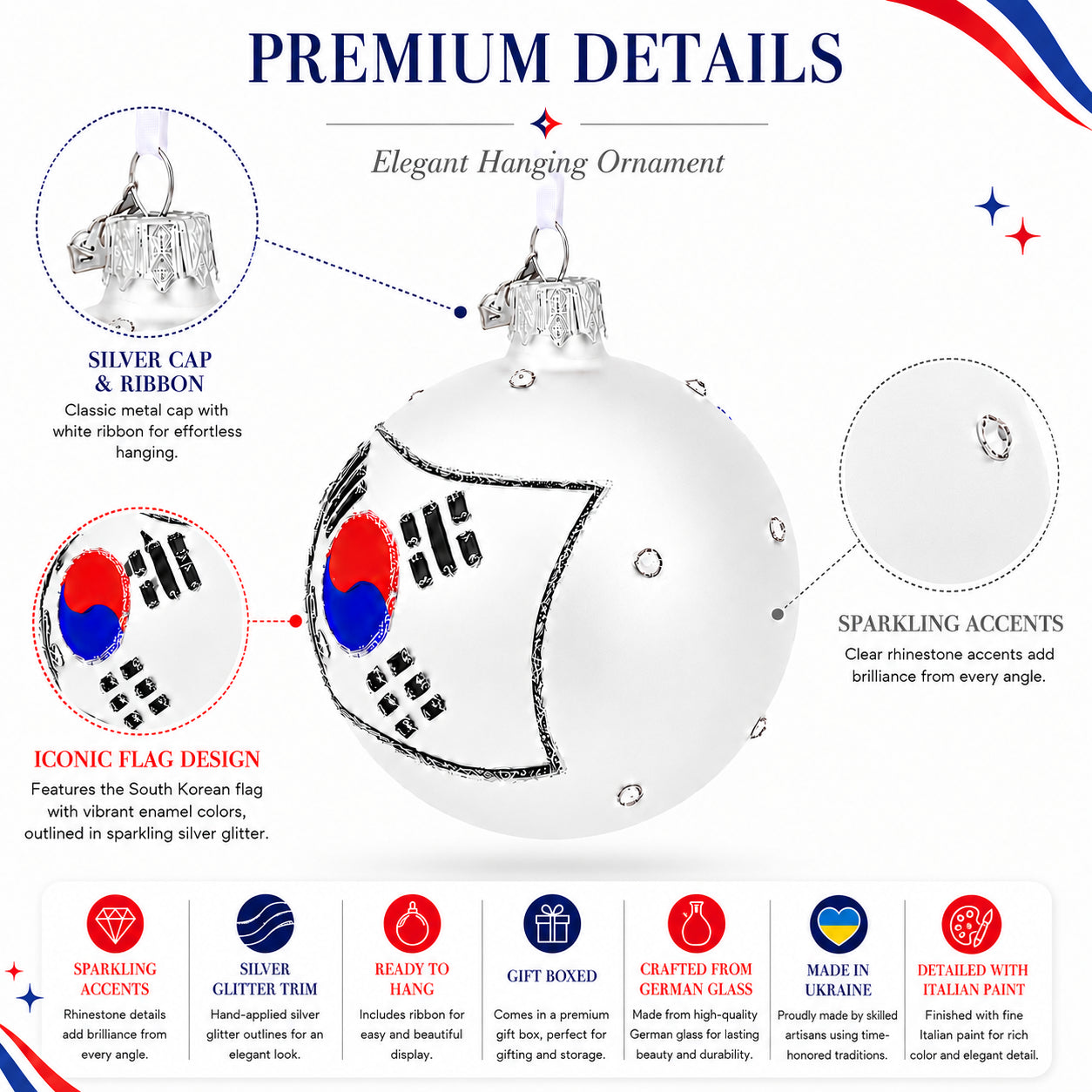 Flag of South Korea Glass Ball Christmas Ornament 3.25 Inches