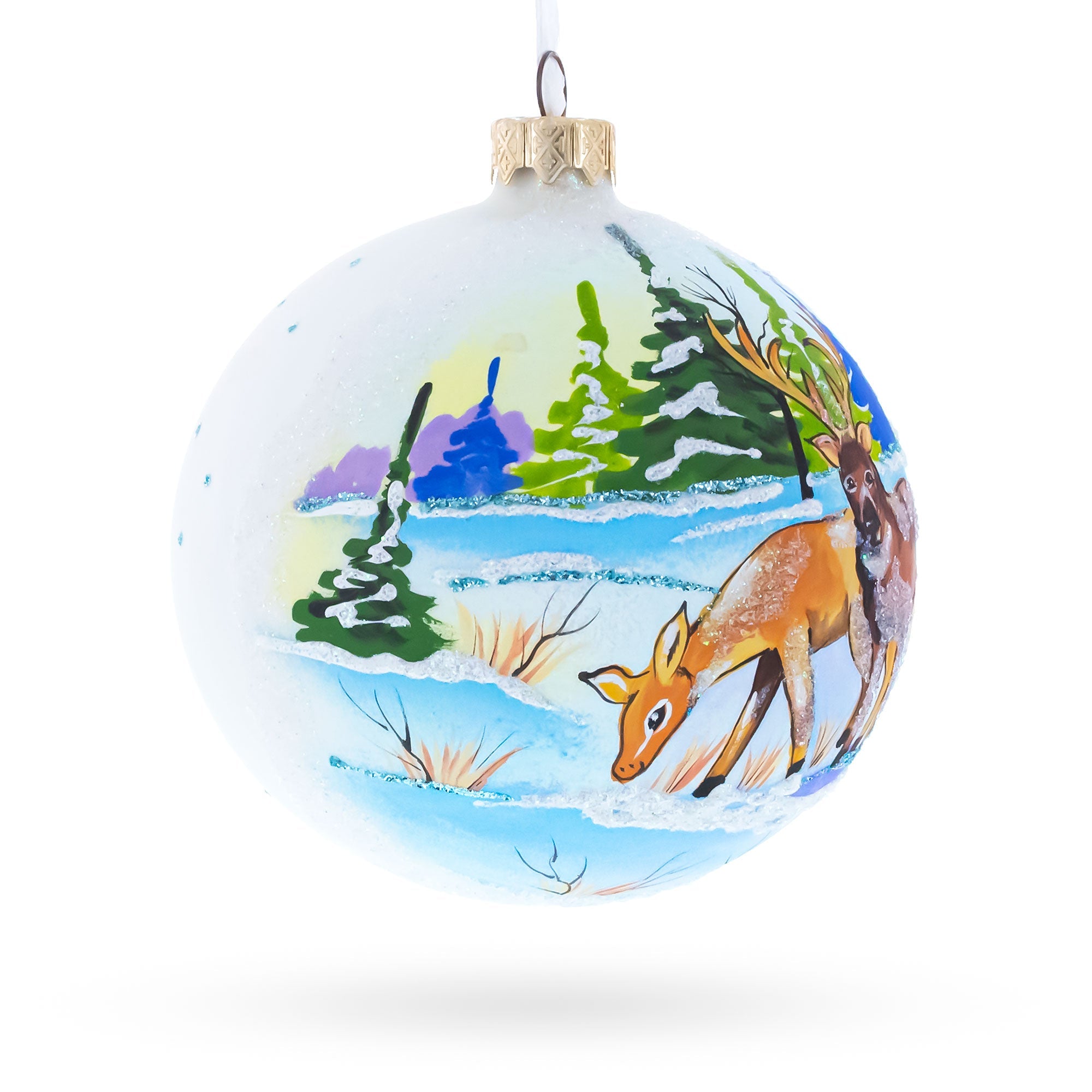 Majestic Deer in Winter Forest Glass Ball Christmas Ornament 4 Inches