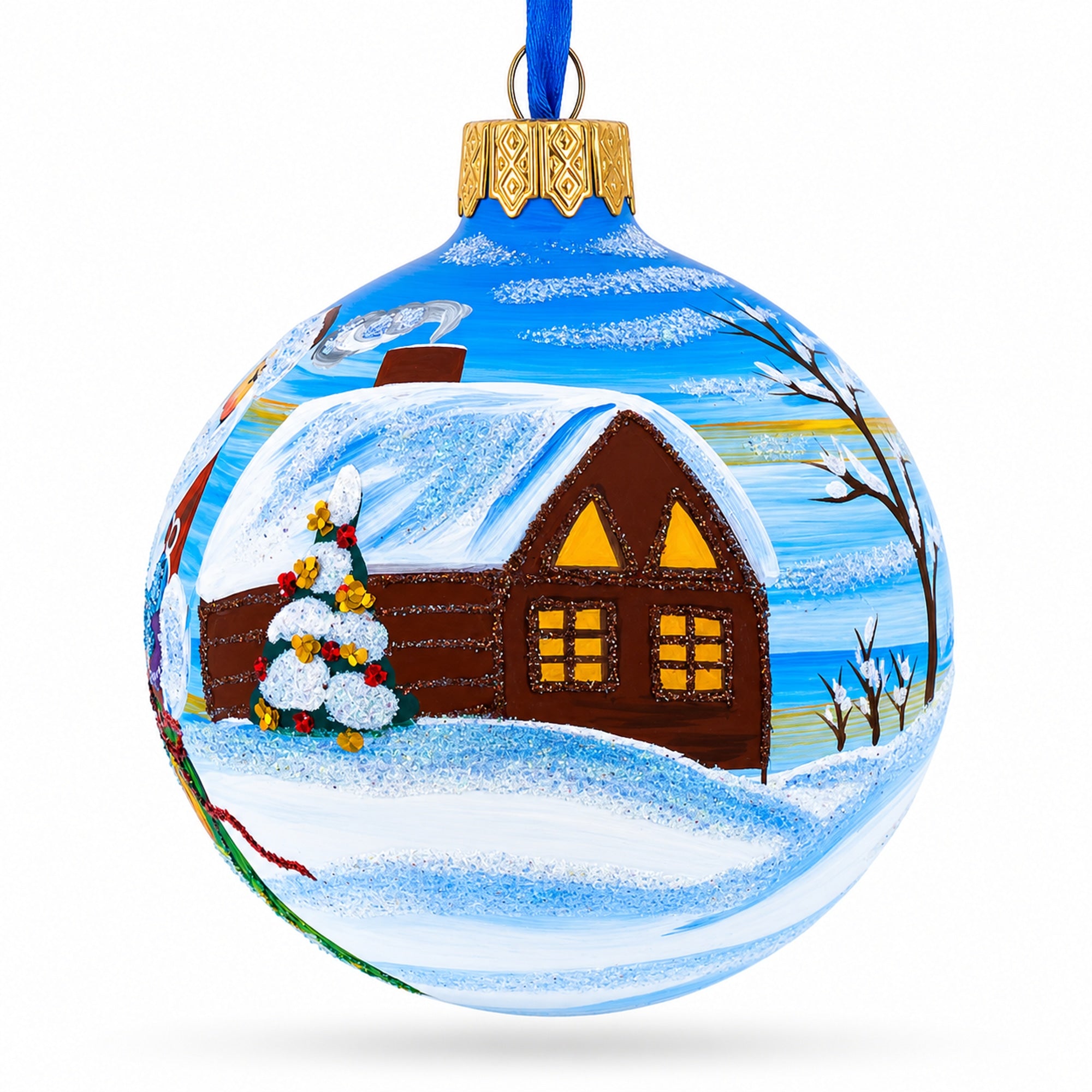 Santa with Bag of Gifts Glass Ball Christmas Ornament 3.25 Inches