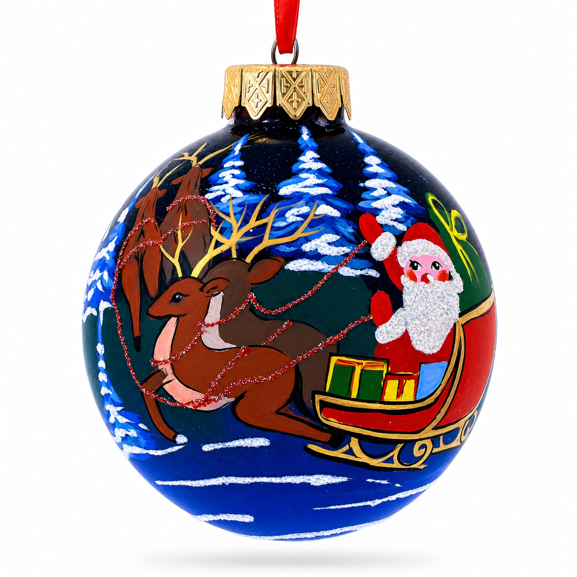 Santa's Moonlit Sleigh Ride with Reindeer Glass Ball Christmas Ornament 3.25 Inches