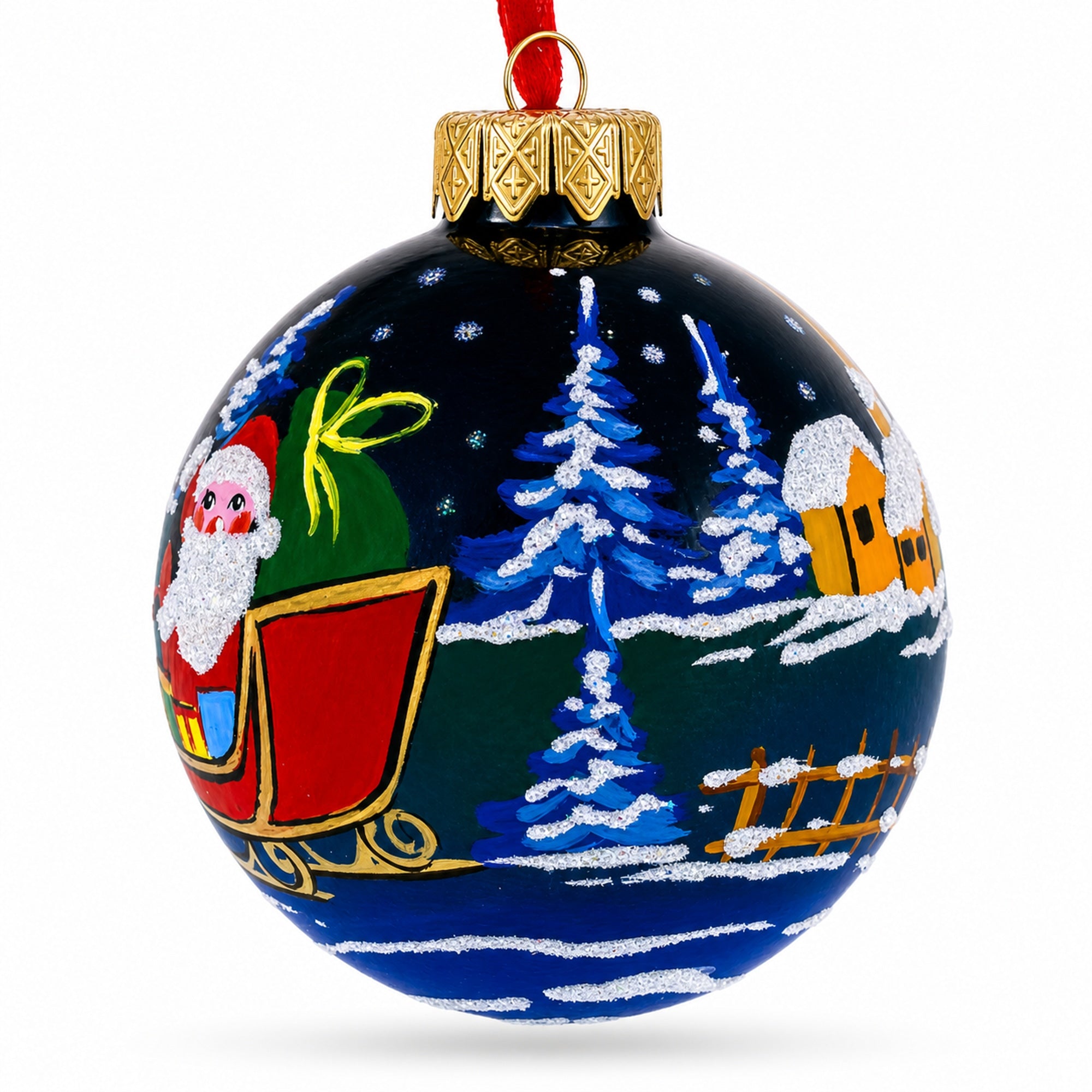Santa's Moonlit Sleigh Ride with Reindeer Glass Ball Christmas Ornament 3.25 Inches