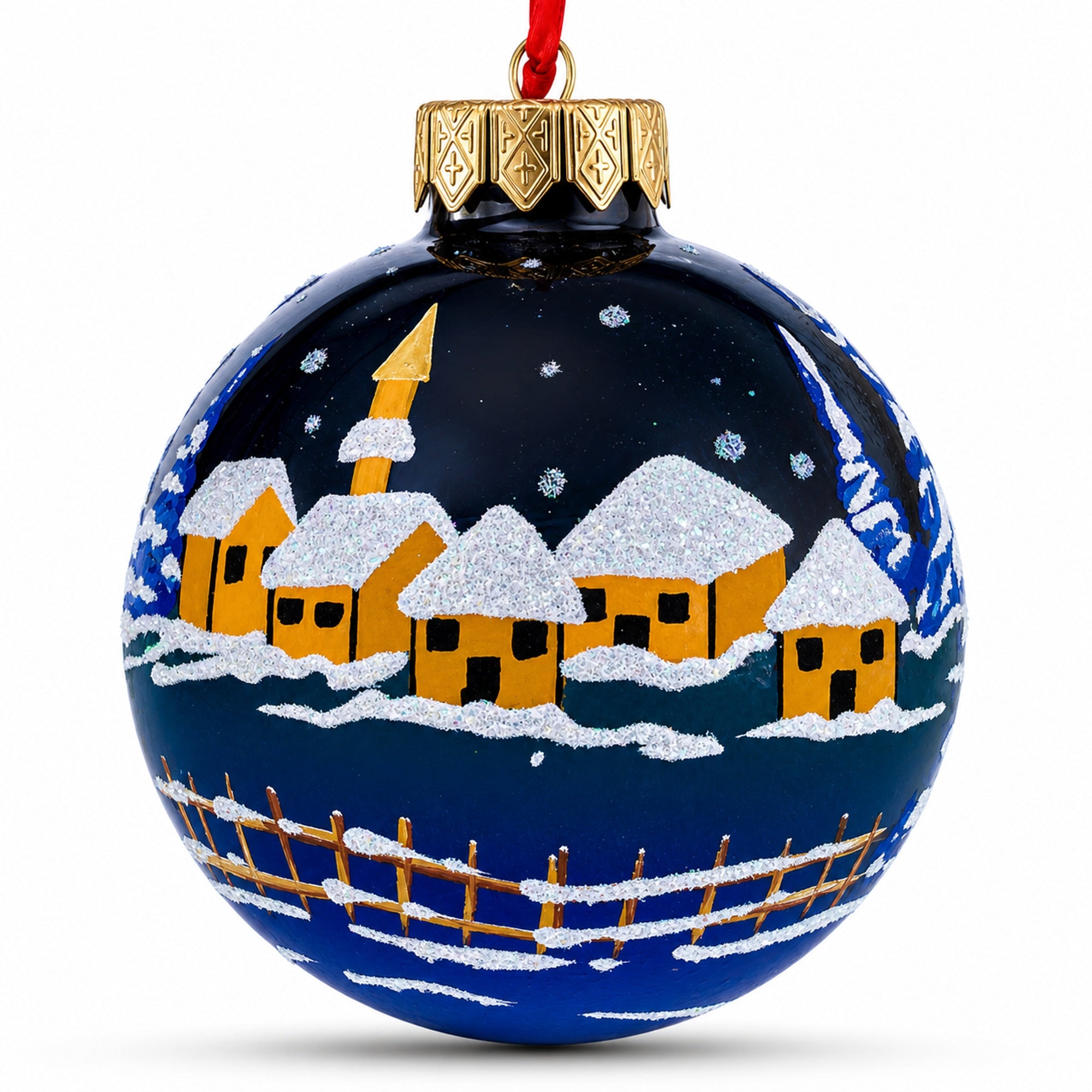 Santa's Moonlit Sleigh Ride with Reindeer Glass Ball Christmas Ornament 3.25 Inches