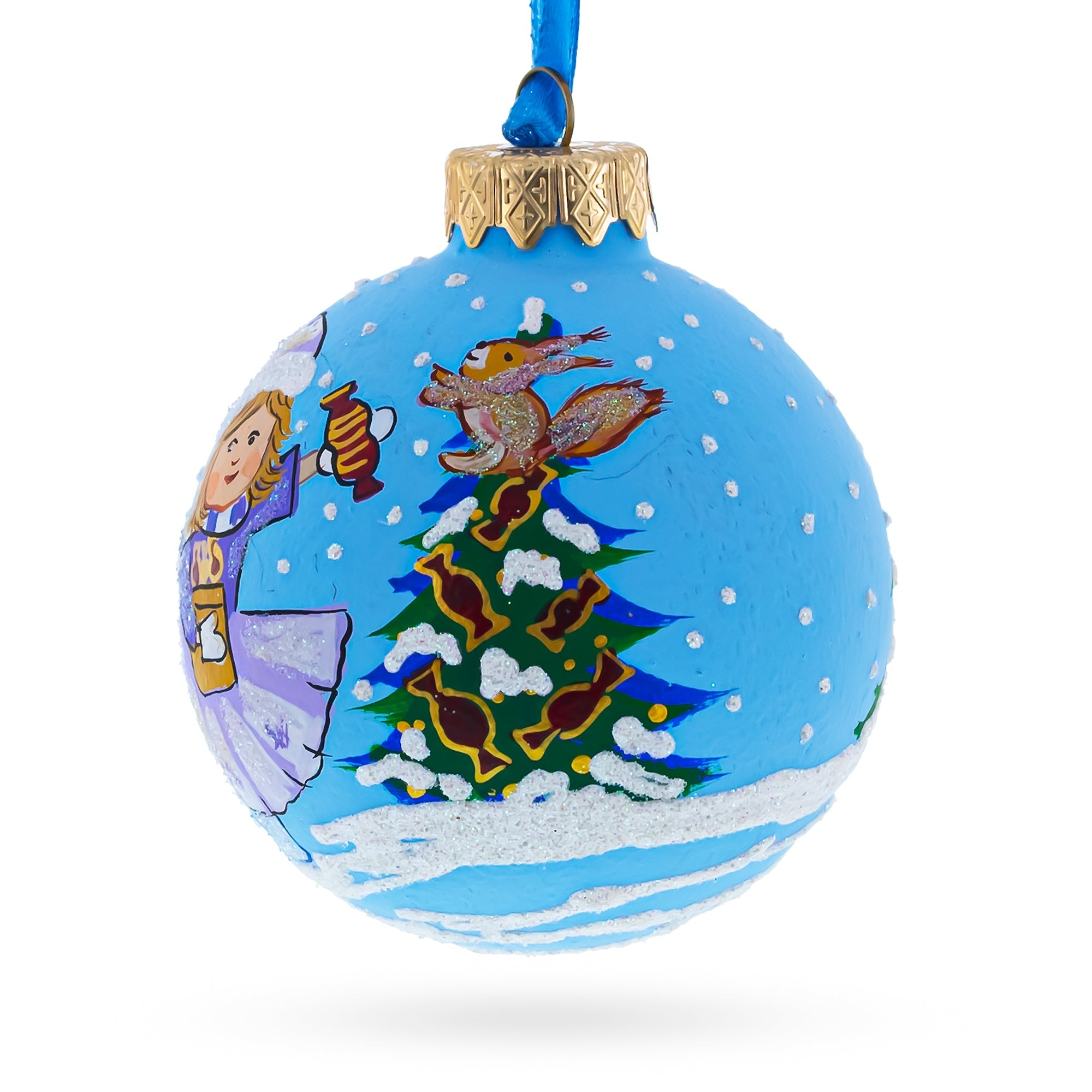 Girl with Candy and Squirrel Glass Ball Christmas Ornament 3.25 Inches