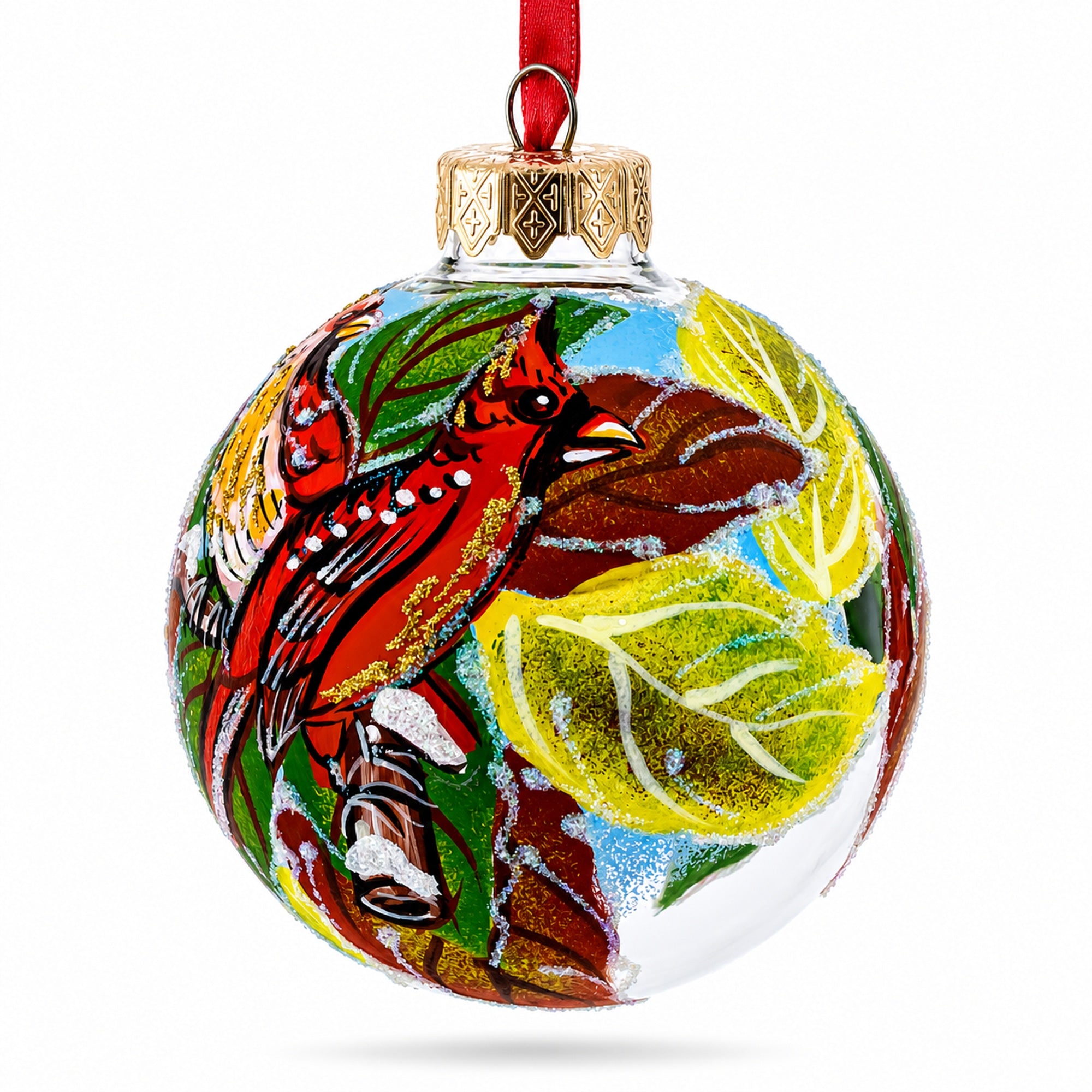 Red Cardinals in Winter Scene Glass Ball Christmas Ornament 3.25 Inches