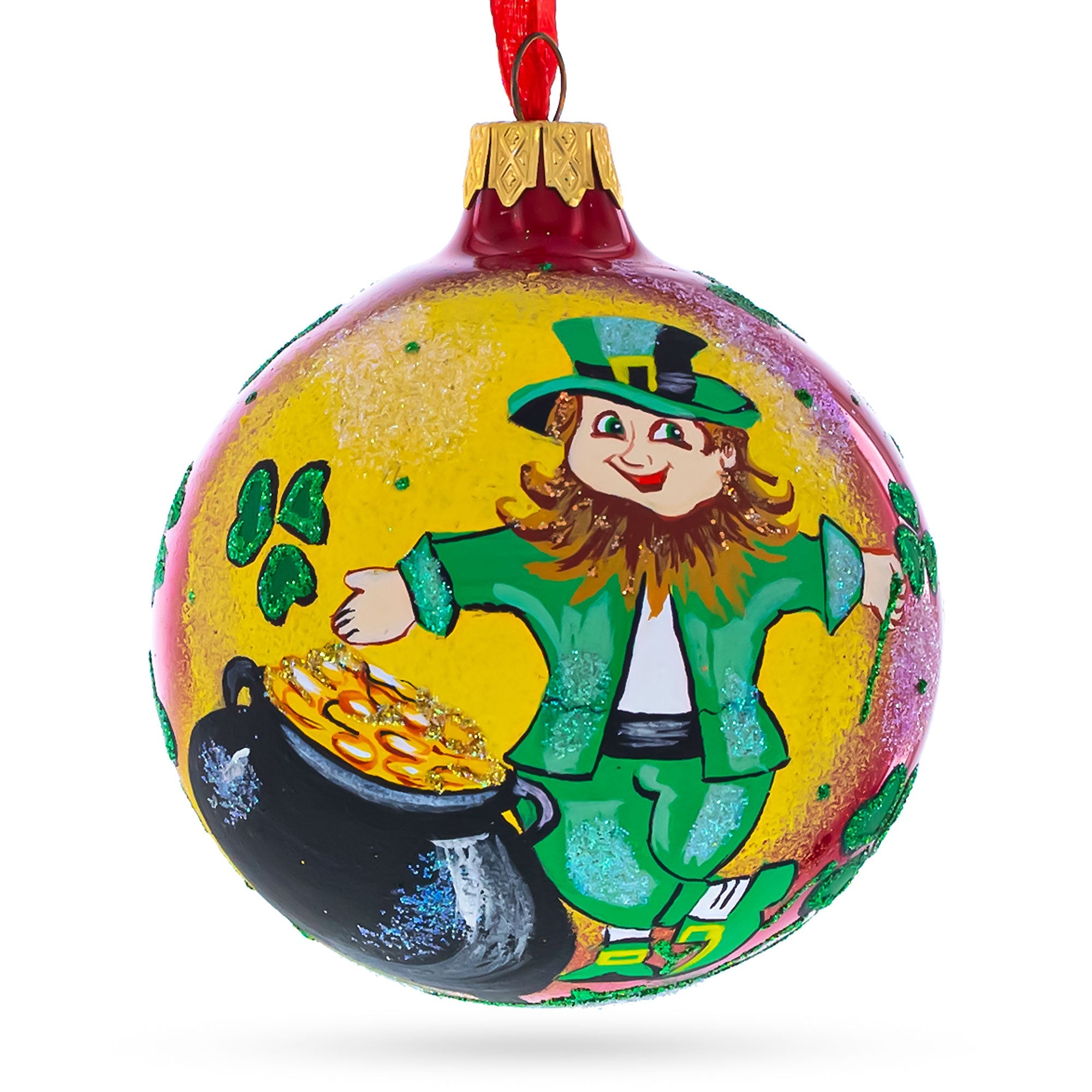 Lucky Leprechaun & Pot of Gold Glass Christmas Ornament 4 Inches