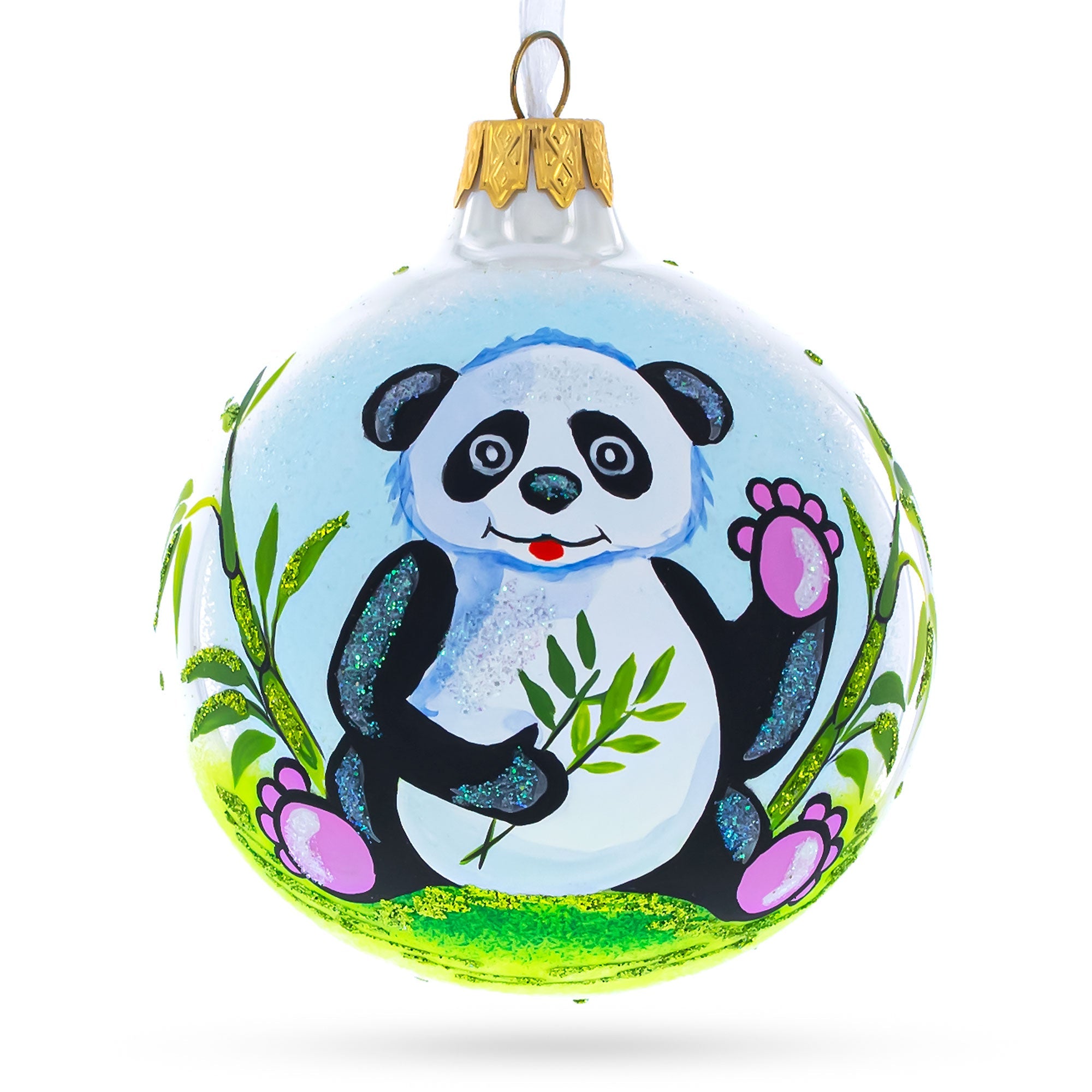 Panda with Bamboo Glass Christmas Ornament 4 Inches