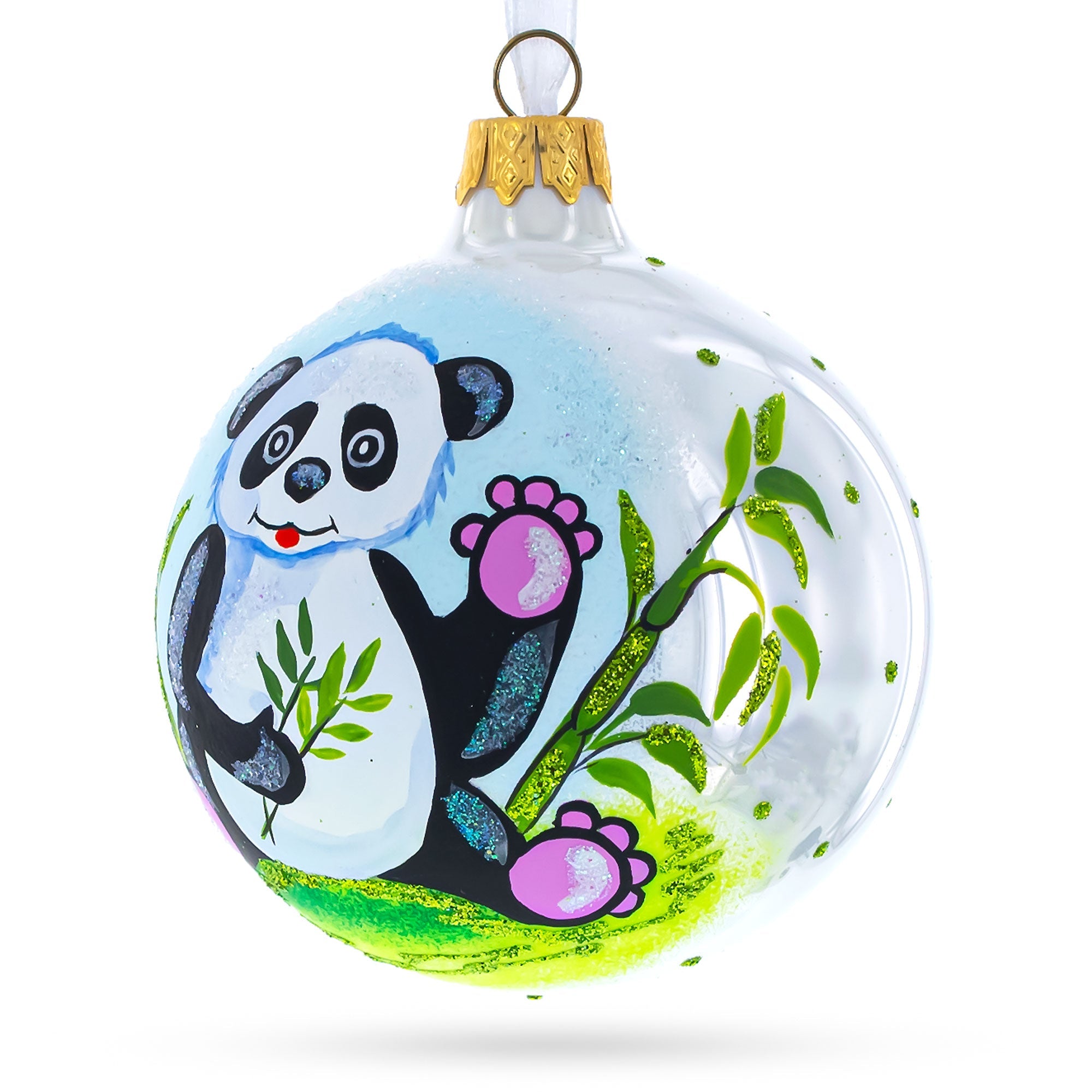 Panda with Bamboo Glass Christmas Ornament 4 Inches