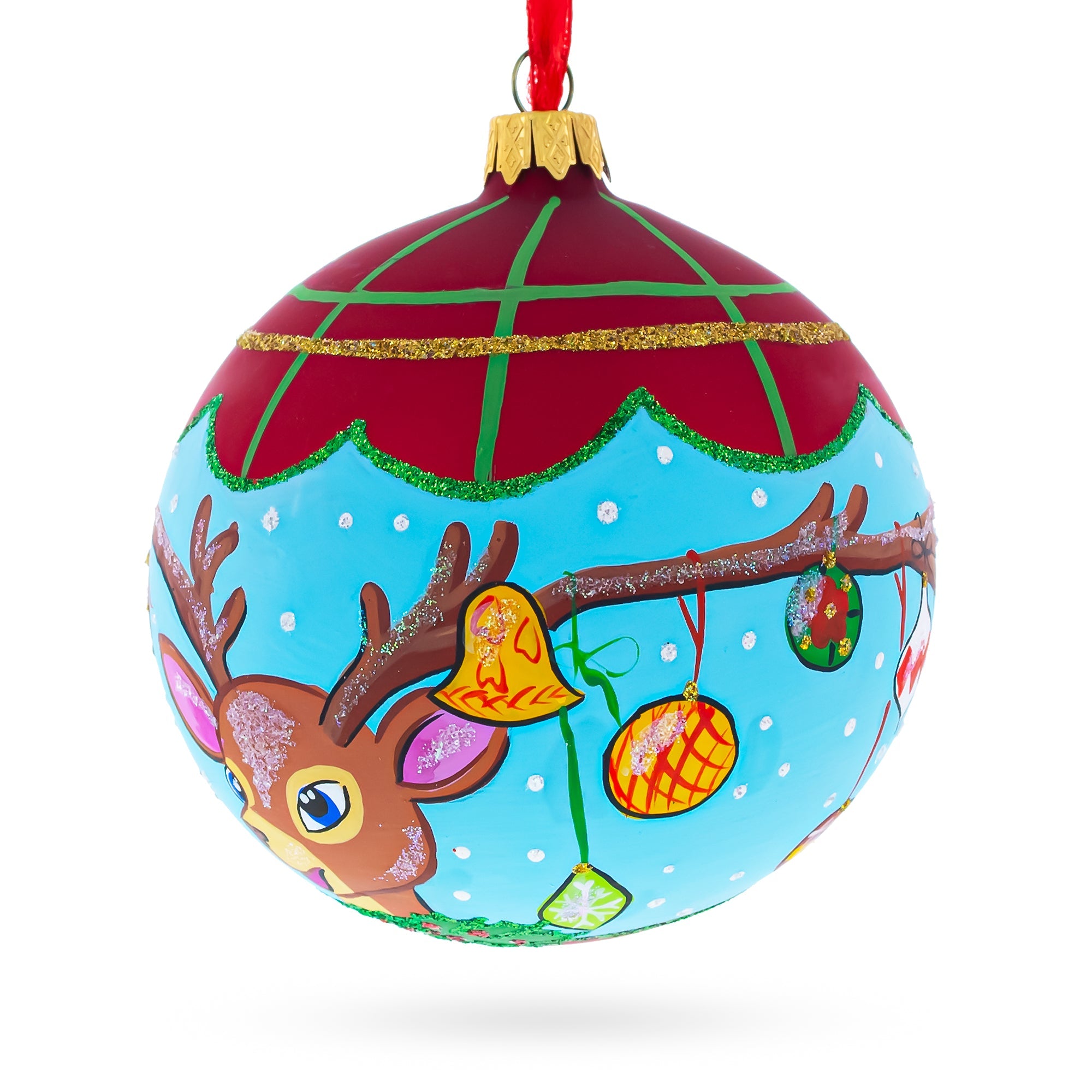 Decorated Deer Horns Glass Ball Christmas Ornament 4 Inches