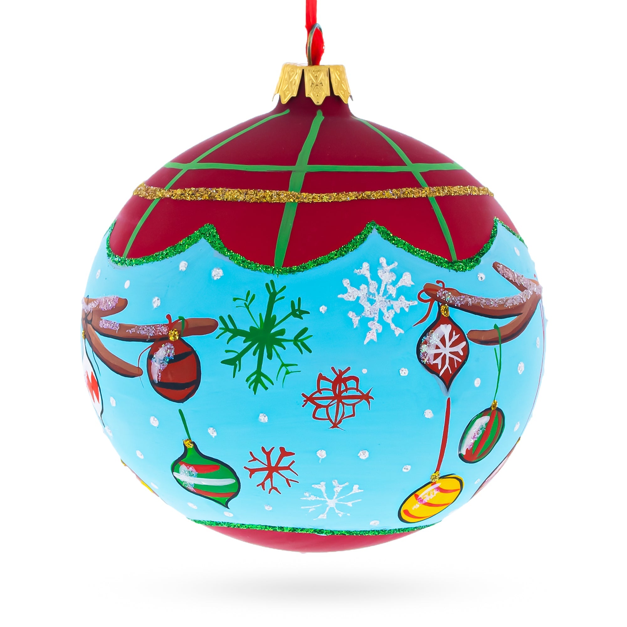 Decorated Deer Horns Glass Ball Christmas Ornament 4 Inches