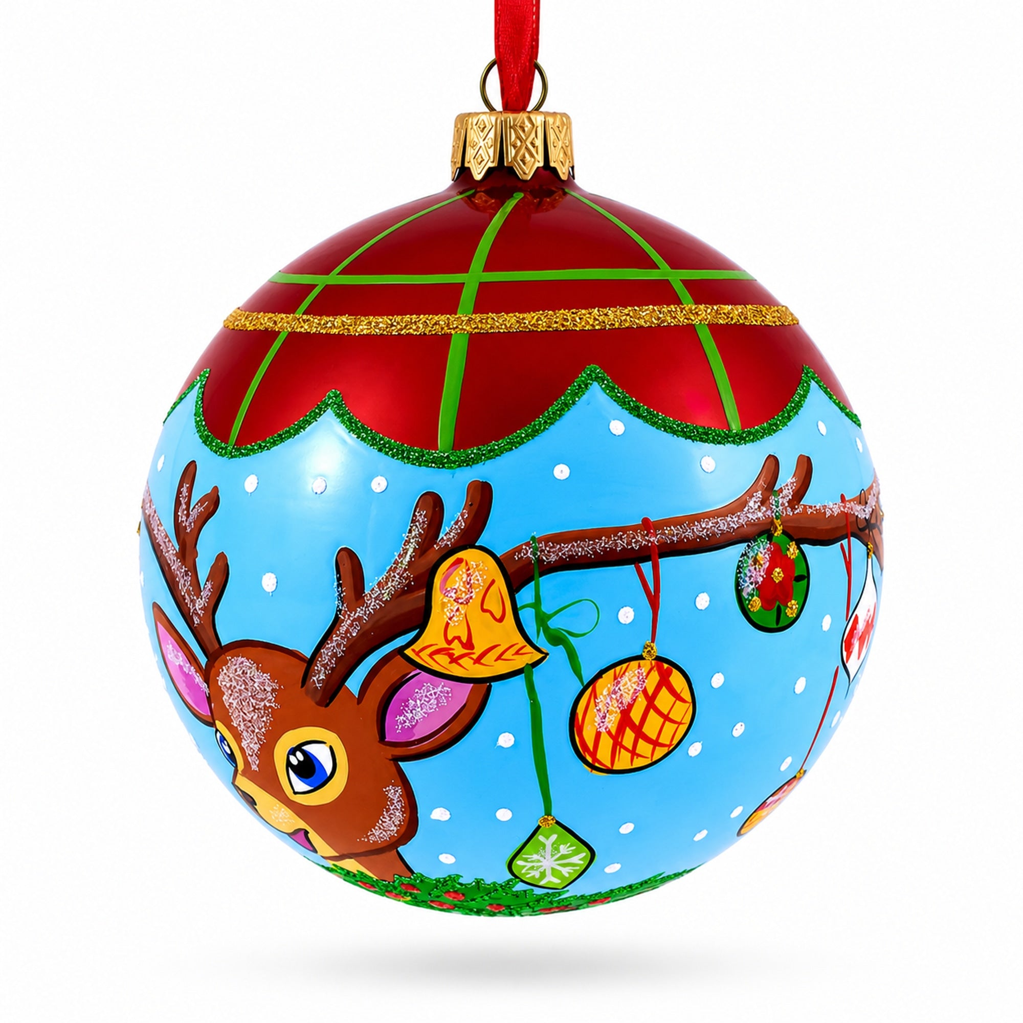 Decorated Deer Horns Glass Ball Christmas Ornament 4 Inches