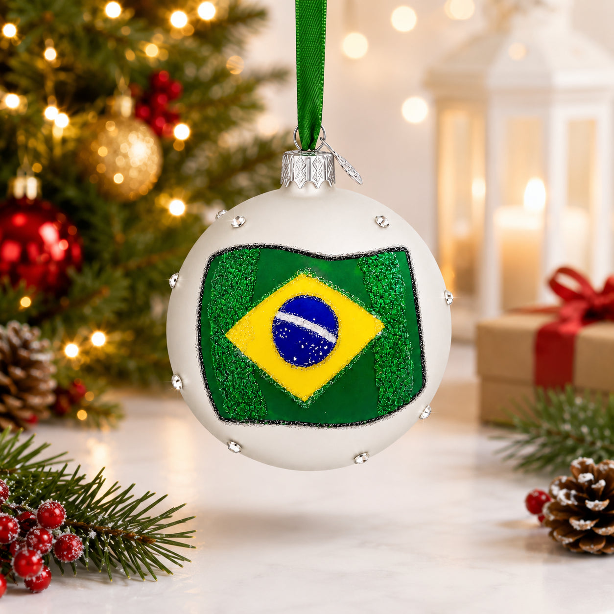 Flag of Brazil Glass Ball Christmas Ornament 3.25 Inches
