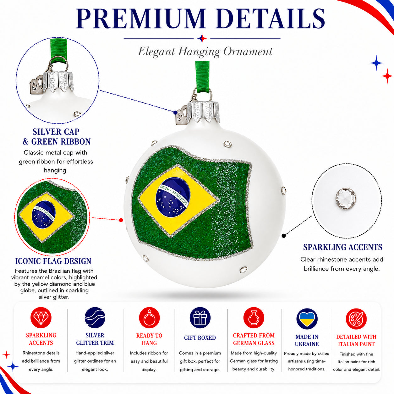 Flag of Brazil Glass Ball Christmas Ornament 3.25 Inches