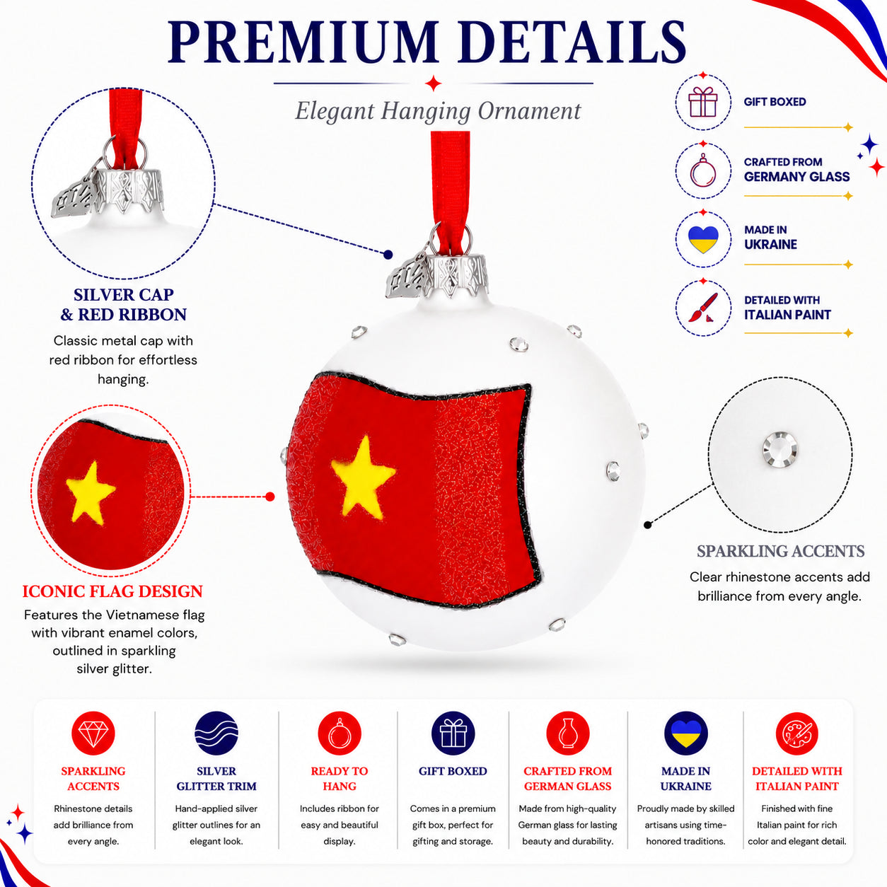Flag of Vietnam Glass Ball Christmas Ornament 3.25 Inches