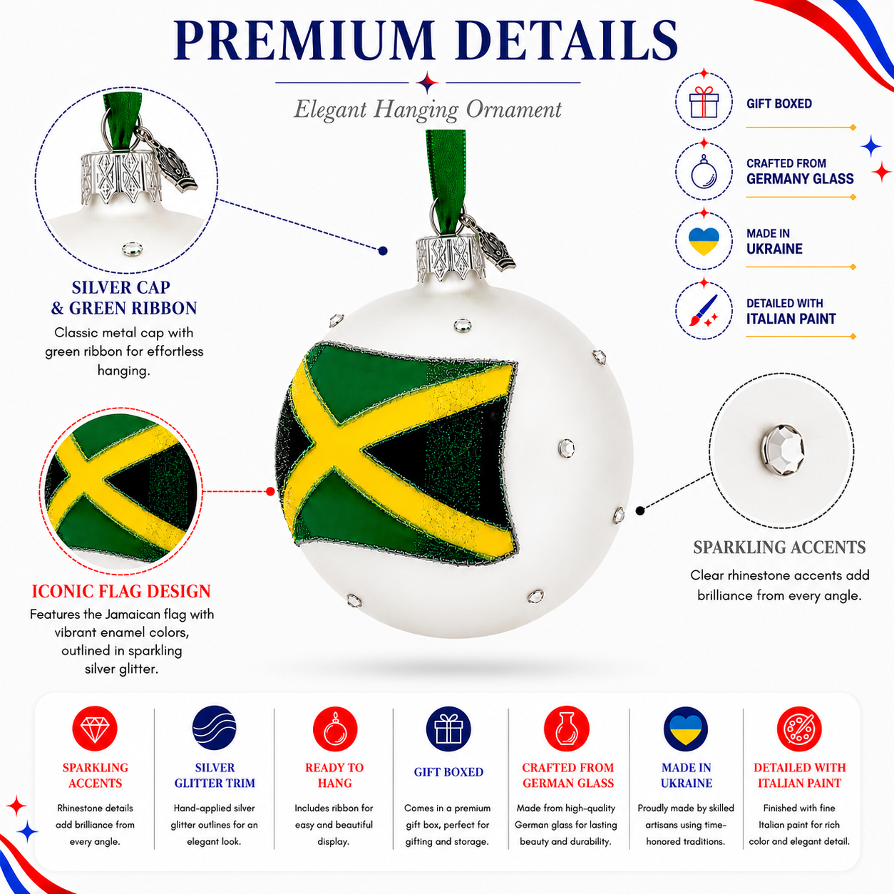 Flag of Jamaica Glass Ball Christmas Ornament 3.25 Inches