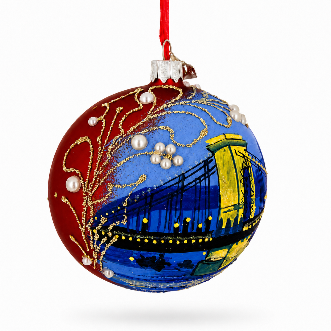 The Szechenyi Chain Bridge, Budapest, Hungary Glass Ball Christmas Ornament 4 Inches