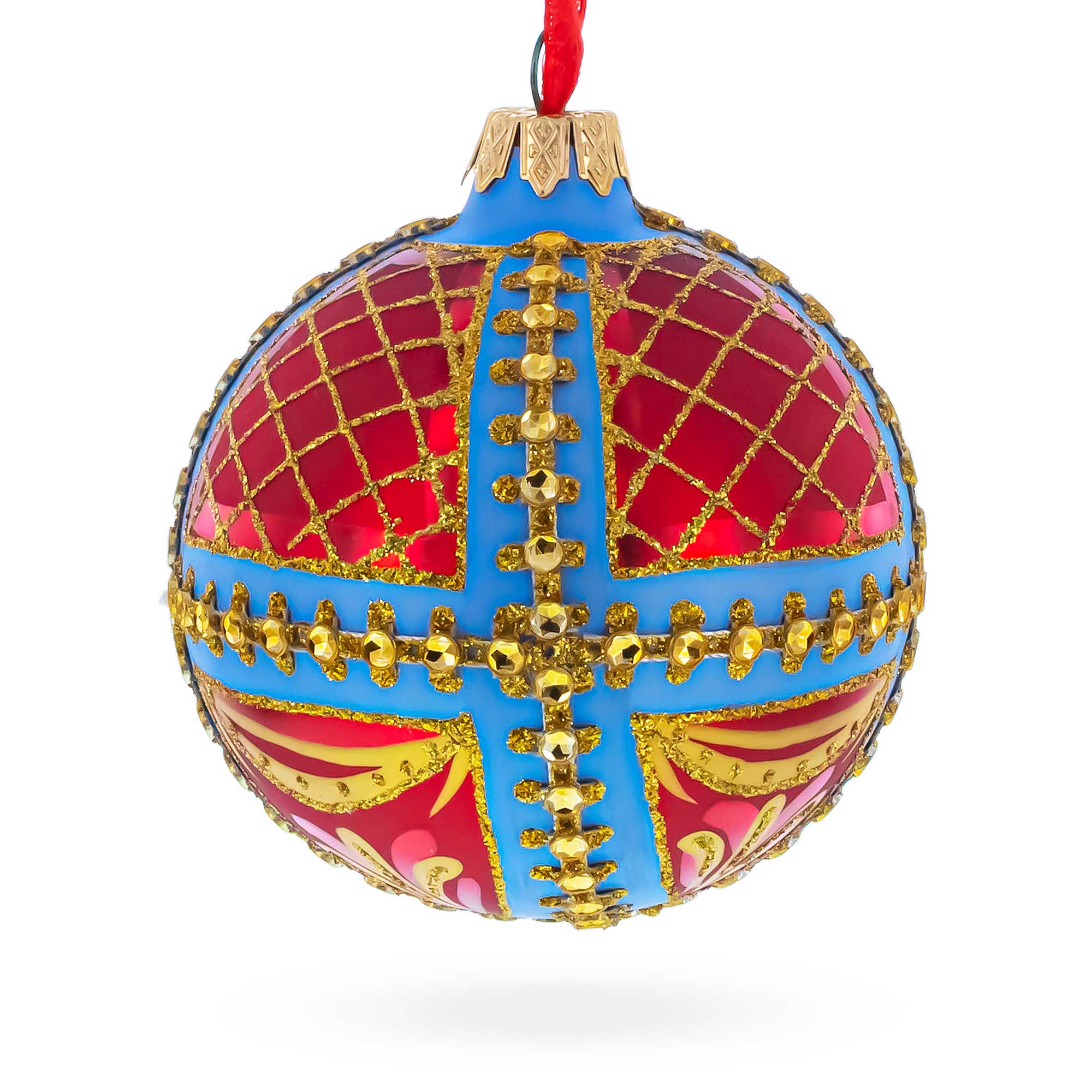 Trellis on Blue and Red Glass Ball Christmas Ornament 3.25 Inches