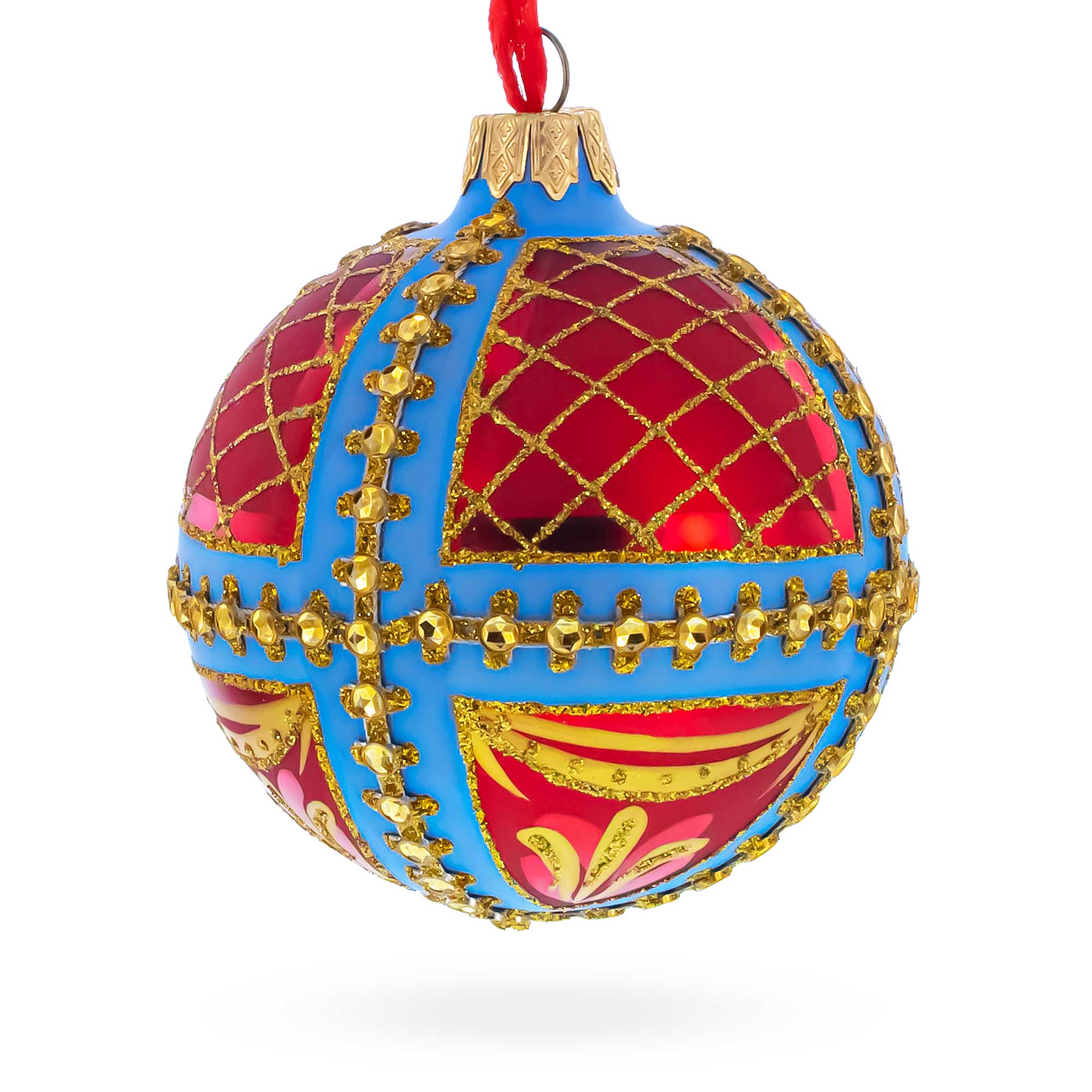 Trellis on Blue and Red Glass Ball Christmas Ornament 3.25 Inches
